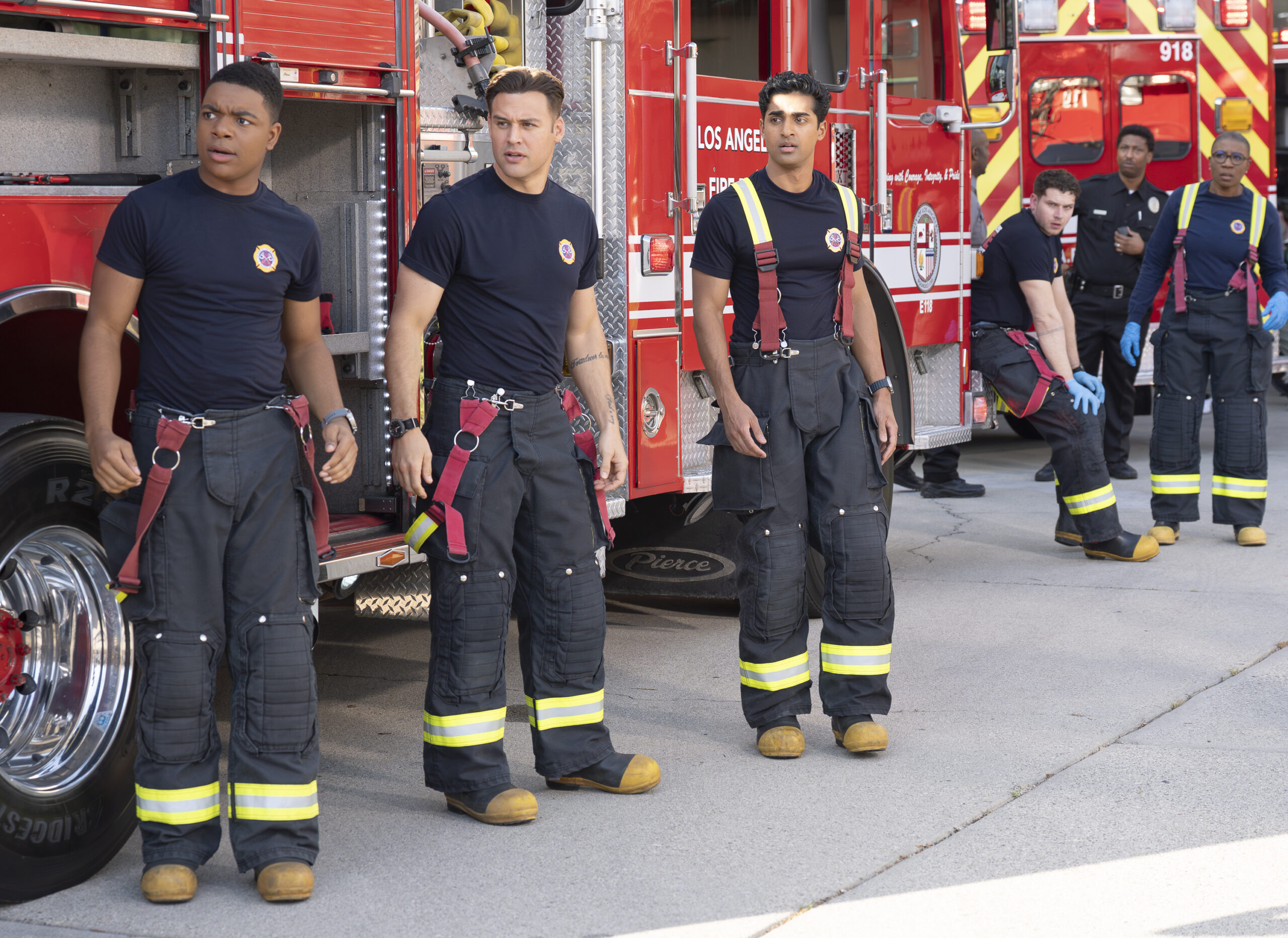 9-1-1 Season 9 Episode 15, "Pick Your Poison" -- ELIJAH M. COOPER, RYAN GUZMAN, OLIVER STARK, ANIRUDH PISHARODY, AISHA HINDS