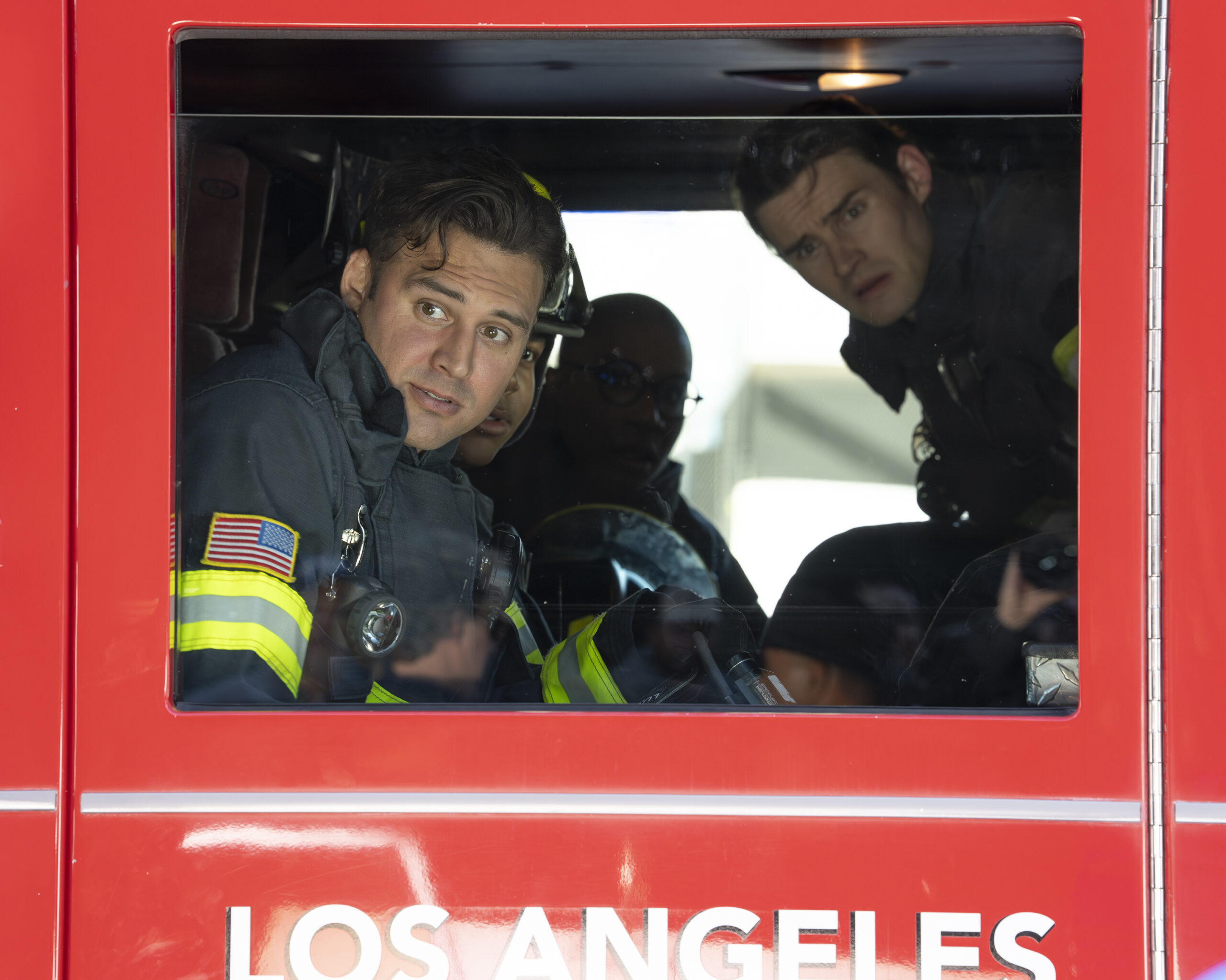 9-1-1 Season 9 Episode 16, “Where There’s Smoke” -- RYAN GUZMAN, ELIJAH M. COOPER, AISHA HINDS, MICHAEL JOHNSTON