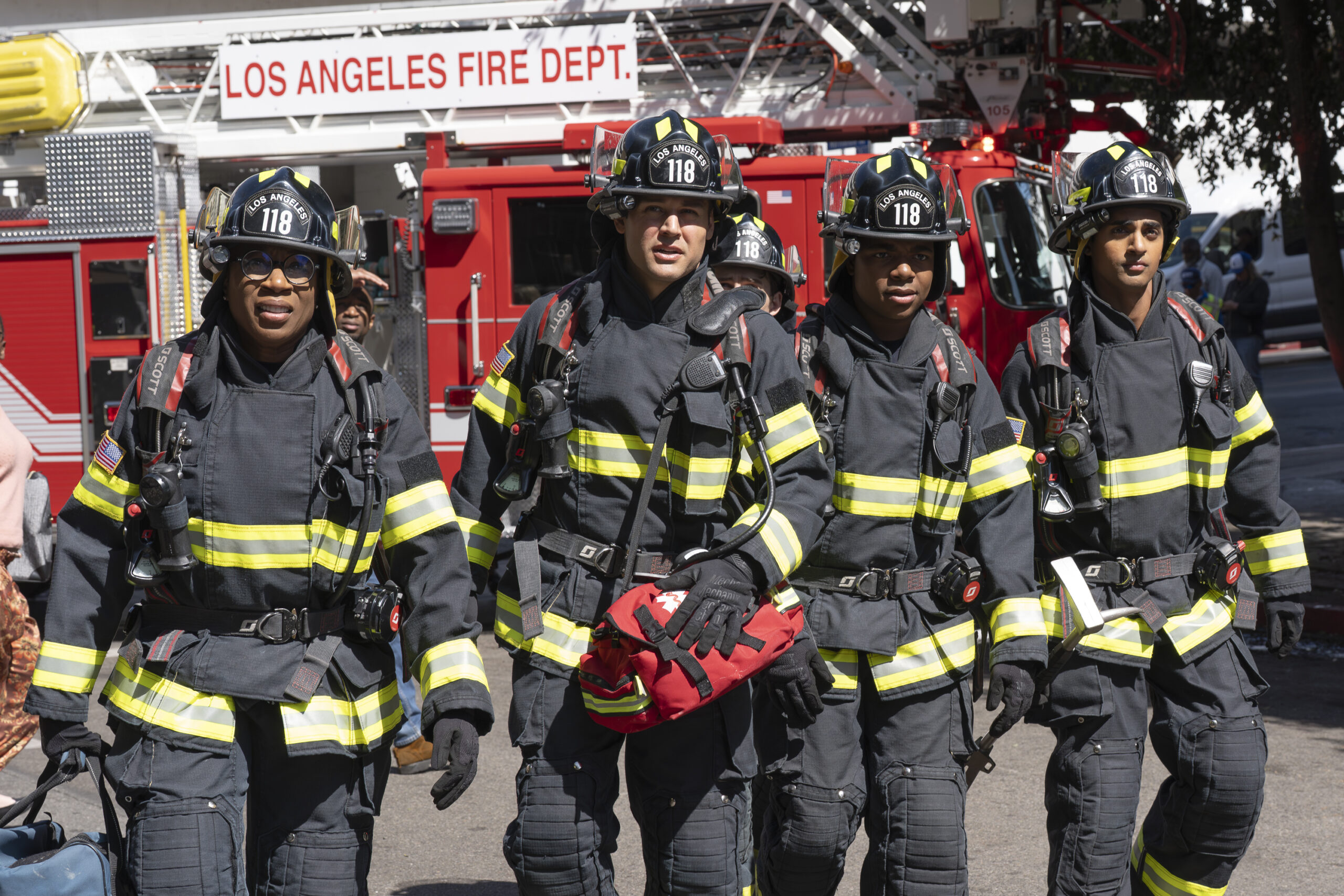 9-1-1 Season 9 Episode 16, “Where There’s Smoke” -- AISHA HINDS, RYAN GUZMAN, ELIJAH M. COOPER, ANIRUDH PISHARODY