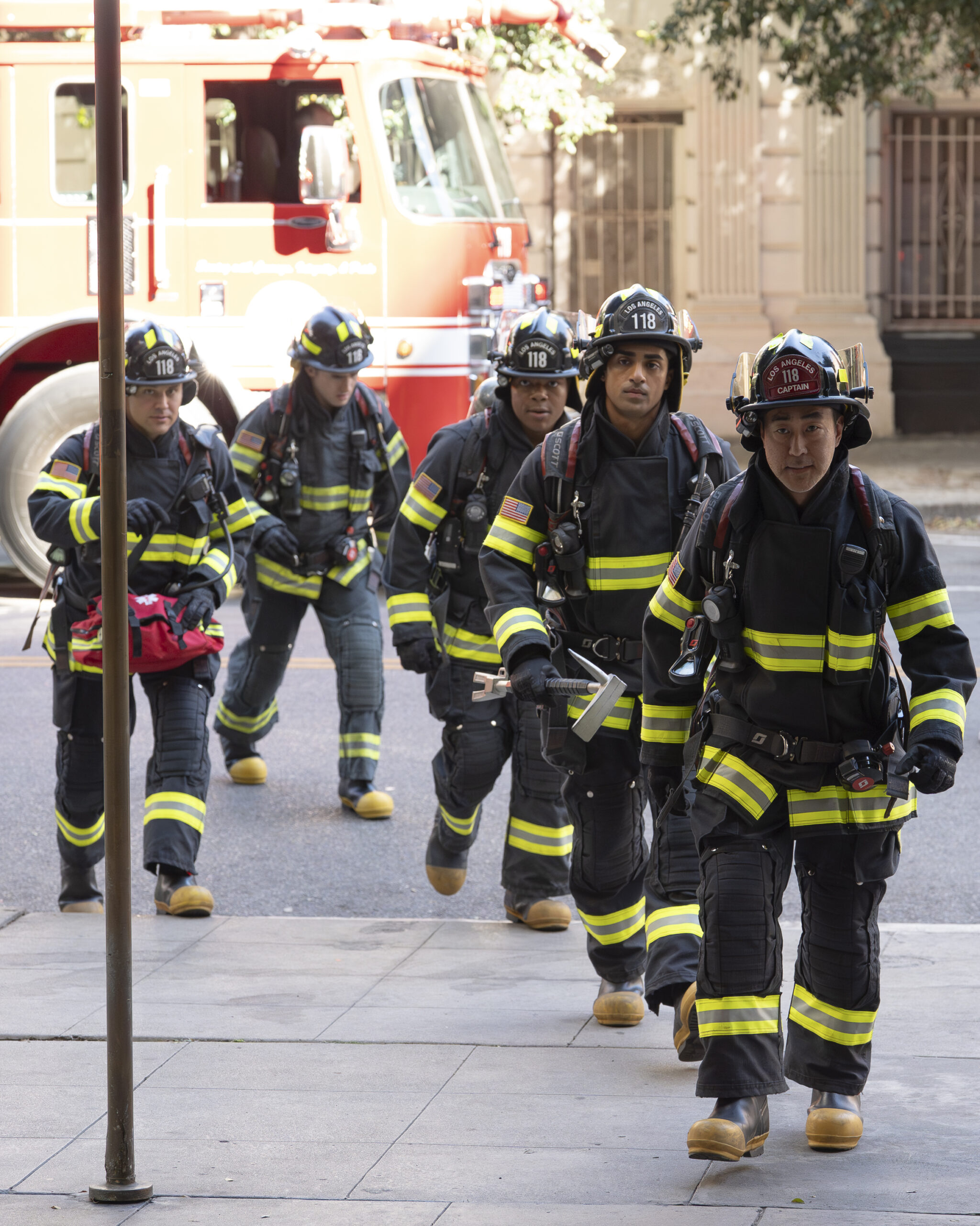 9-1-1 Season 9 Episode 16, “Where There’s Smoke” -- RYAN GUZMAN, MICHAEL JOHNSTON, ELIJAH M. COOPER, ANIRUDH PISHARODY, KENNETH CHOI