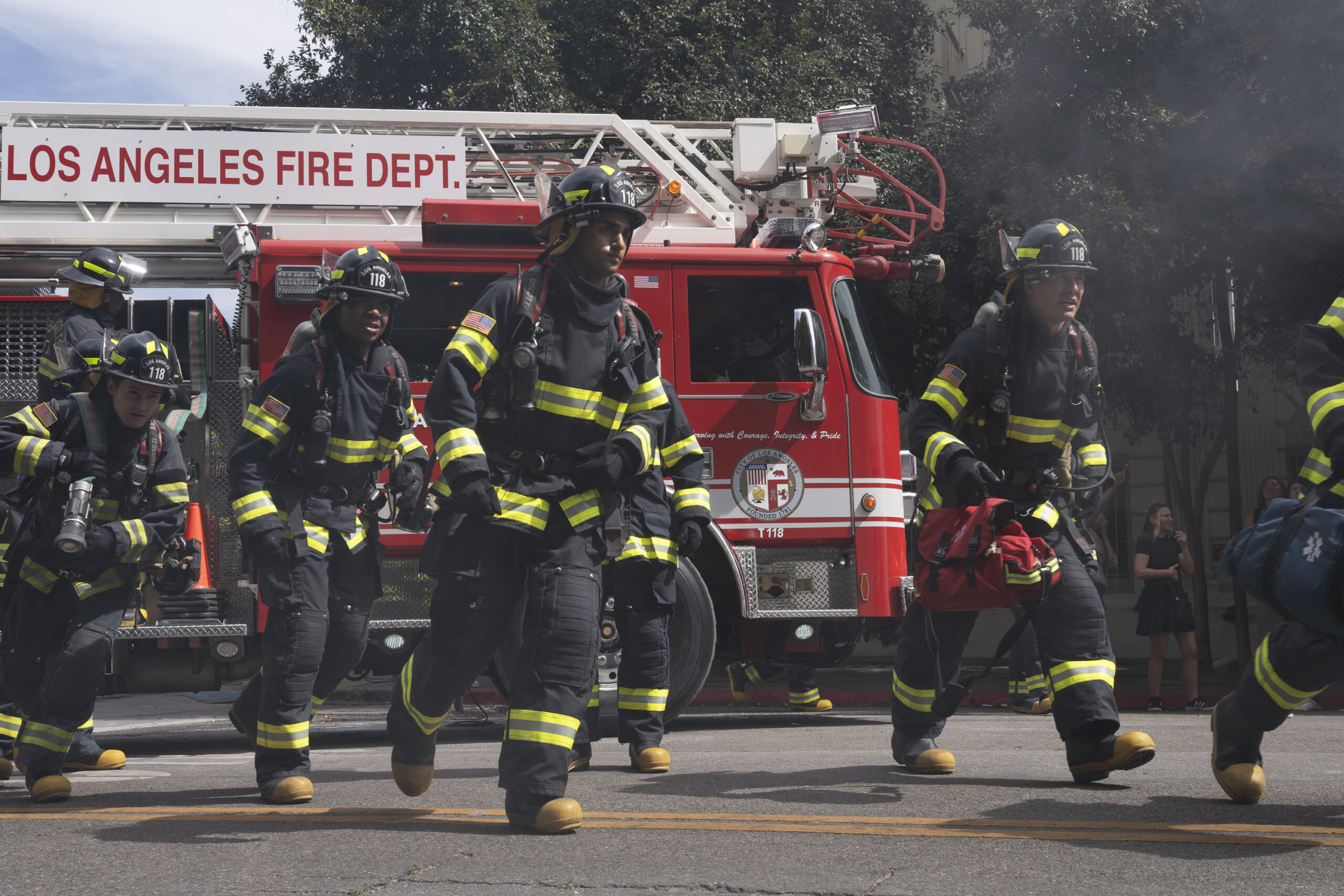 9-1-1 Season 9 Episode 16, “Where There’s Smoke” -- MICHAEL JOHNSTON, ELIJAH M. COOPER, ANIRUDH PISHARODY, RYAN GUZMAN