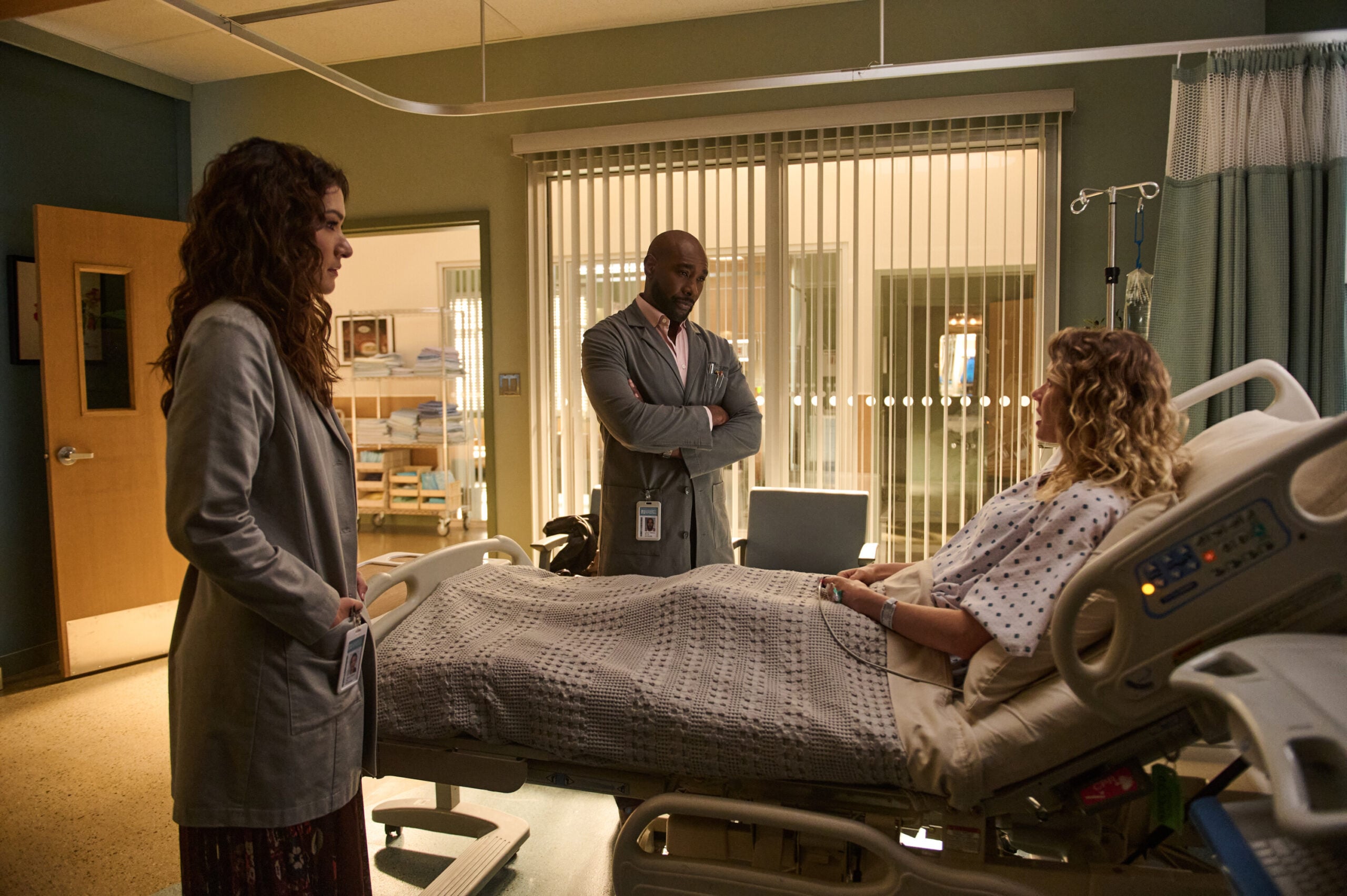 Watson Season 2 Episode 13, "For a Limited Time Only" - (l-r) Inga Schlingmann as Dr. Sasha Lubbock, Morris Chestnut as Dr. John Watson, and Tori Anderson as Aubrey Kowalska