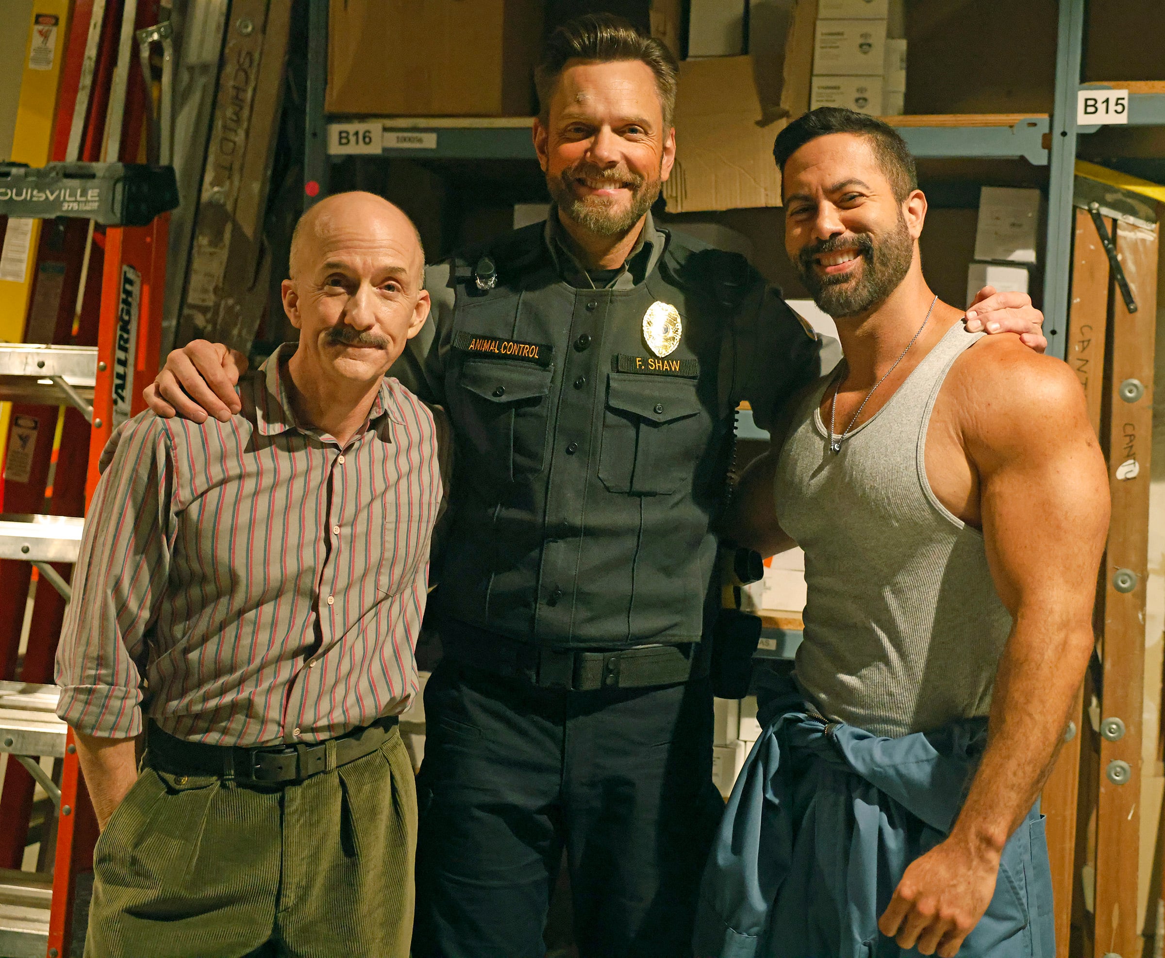 Animal Control Season 4 Episode 8, "Squirrels and Fat Cats" -- Jim Rash as Arnie, Victor Turpin as Johnny and Joel McHale