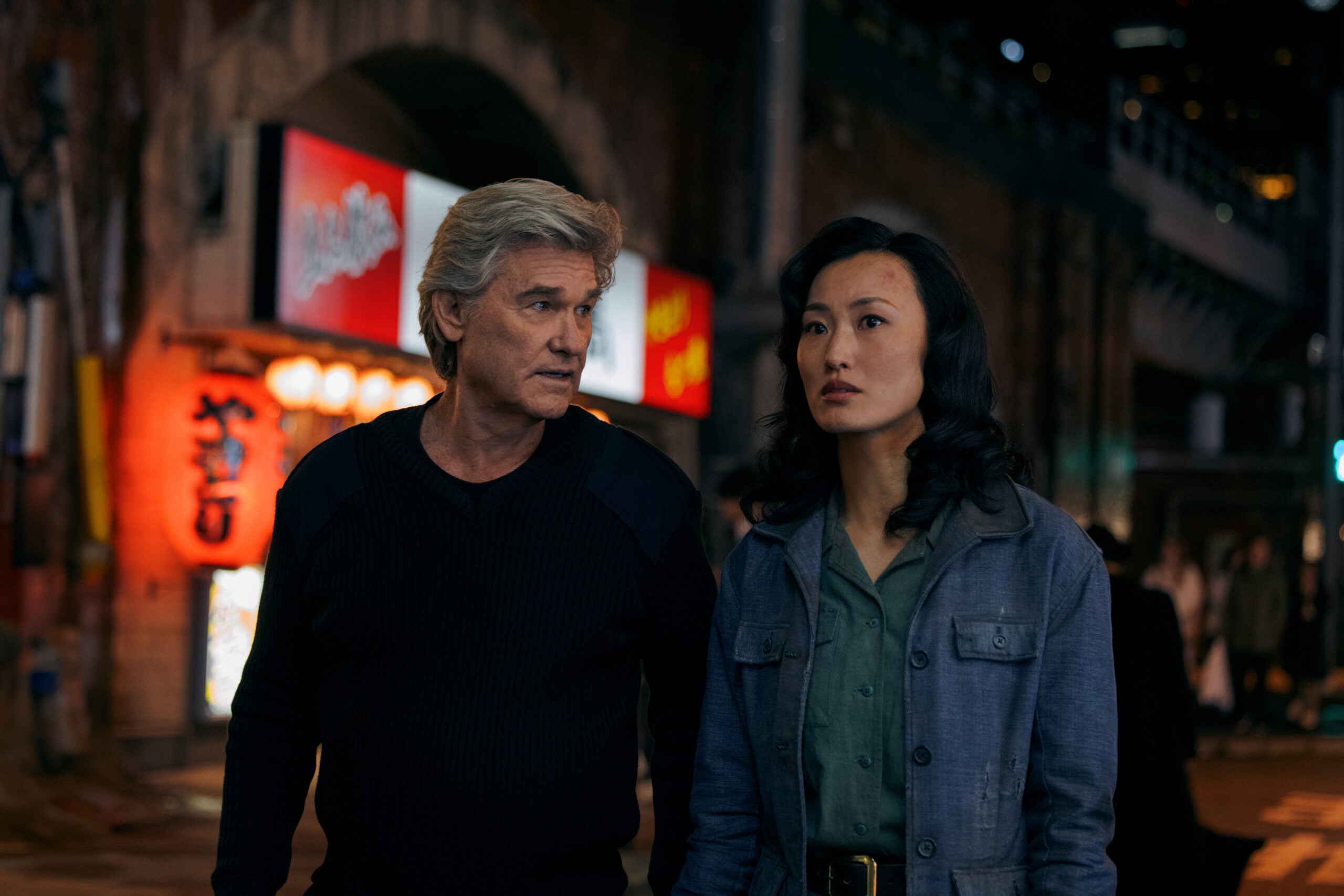 Still from Monarch: Legacy of Monsters Season 2 Episode 3 of Kurt Russell and Mari Yamamoto pictured from left to right.