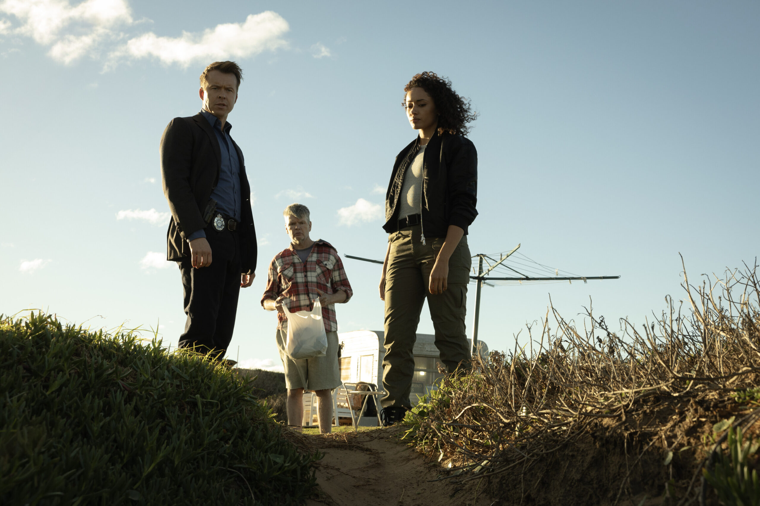 NCIS: Sydney Season 3 Episode 10, "Van Life" -- Todd Lasance as AFP Liaison Officer Sergeant Jim 'JD' Dempsey, Michael Beckley as Toby, and Olivia Swann as NCIS Special Agent Captain Michelle Mackey