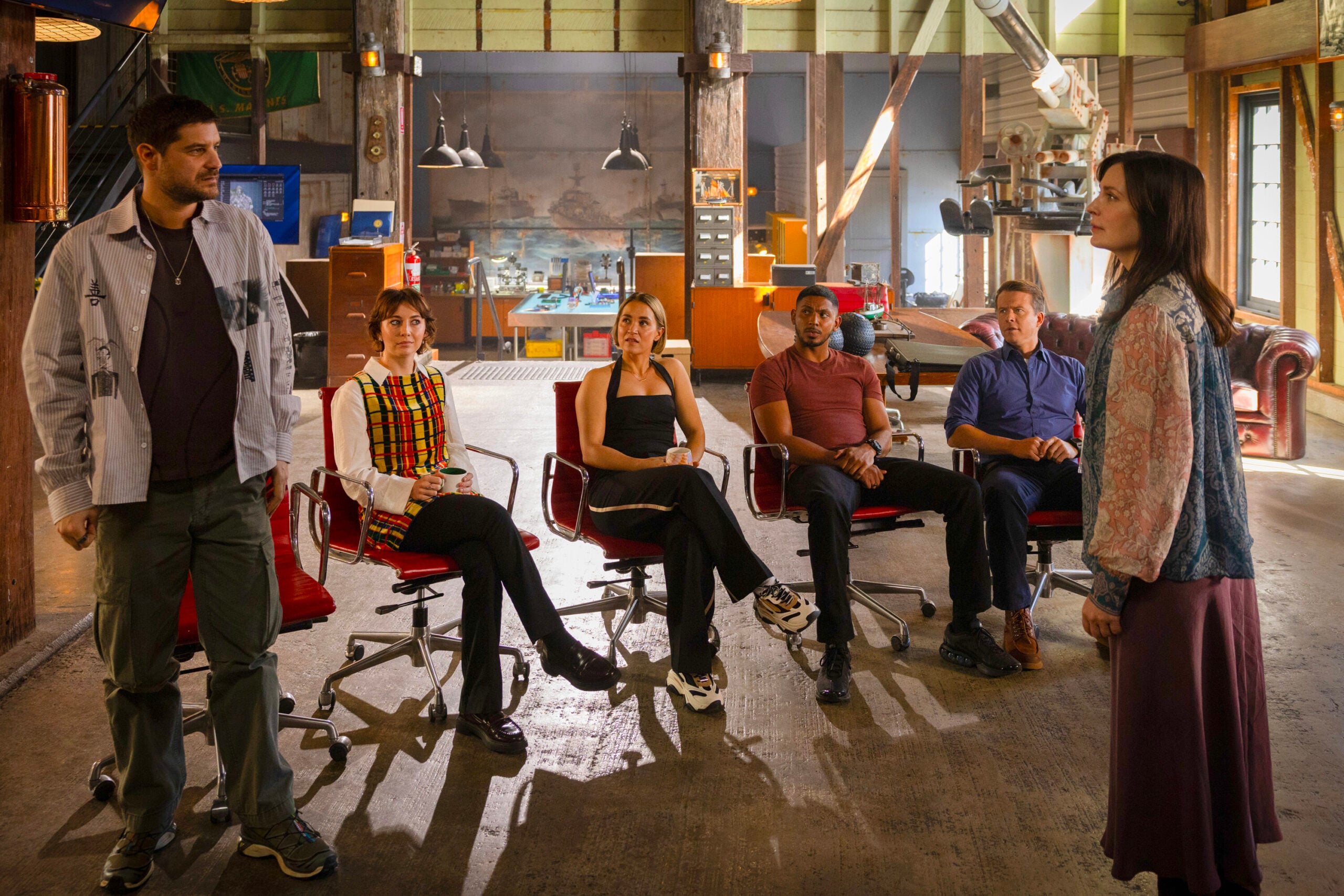 NCIS: Sydney Season 3 Episode 10, "Van Life" -- Claude Jabbour as Travis “Trigger” Riggs, Mavournee Hazel as Forensic Pathologist Bluebird 'Blue' Gleeson, Tuuli Narkle as AFP Liaison Officer Constable Evie Cooper, Sean Sagar as NCIS Special Agent DeShawn Jackson, Todd Lasance as AFP Liaison Officer Sergeant Jim 'JD' Dempsey, and Annie Maynard as Janelle