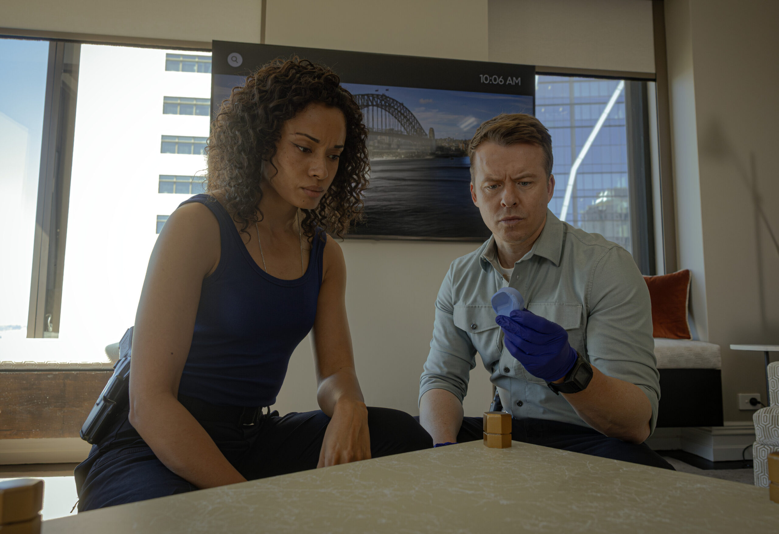 NCIS: Sydney Season 3 Episode 11, "Berthed" -- Olivia Swann as NCIS Special Agent Captain Michelle Mackey and Todd Lasance as AFP Liaison Officer Sergeant Jim 'JD' Dempsey