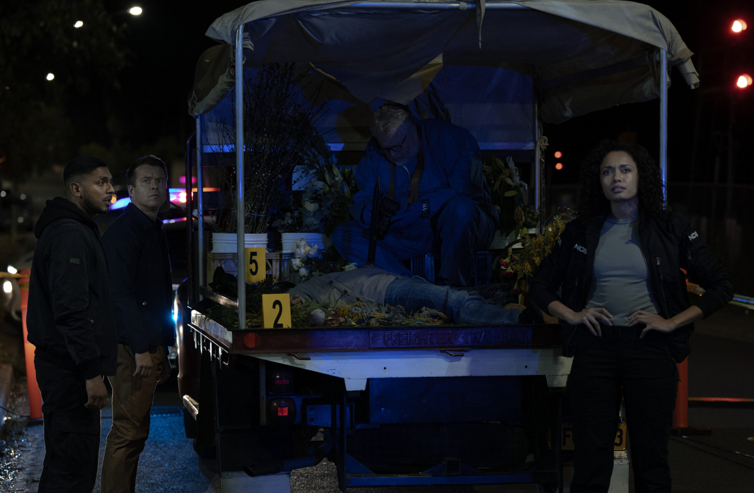 NCIS: Sydney Season 3 Episode 11, "Berthed" -- Sean Sagar as NCIS Special Agent DeShawn Jackson, Todd Lasance as AFP Liaison Officer Sergeant Jim 'JD' Dempsey, and Olivia Swann as NCIS Special Agent Captain Michelle Mackey