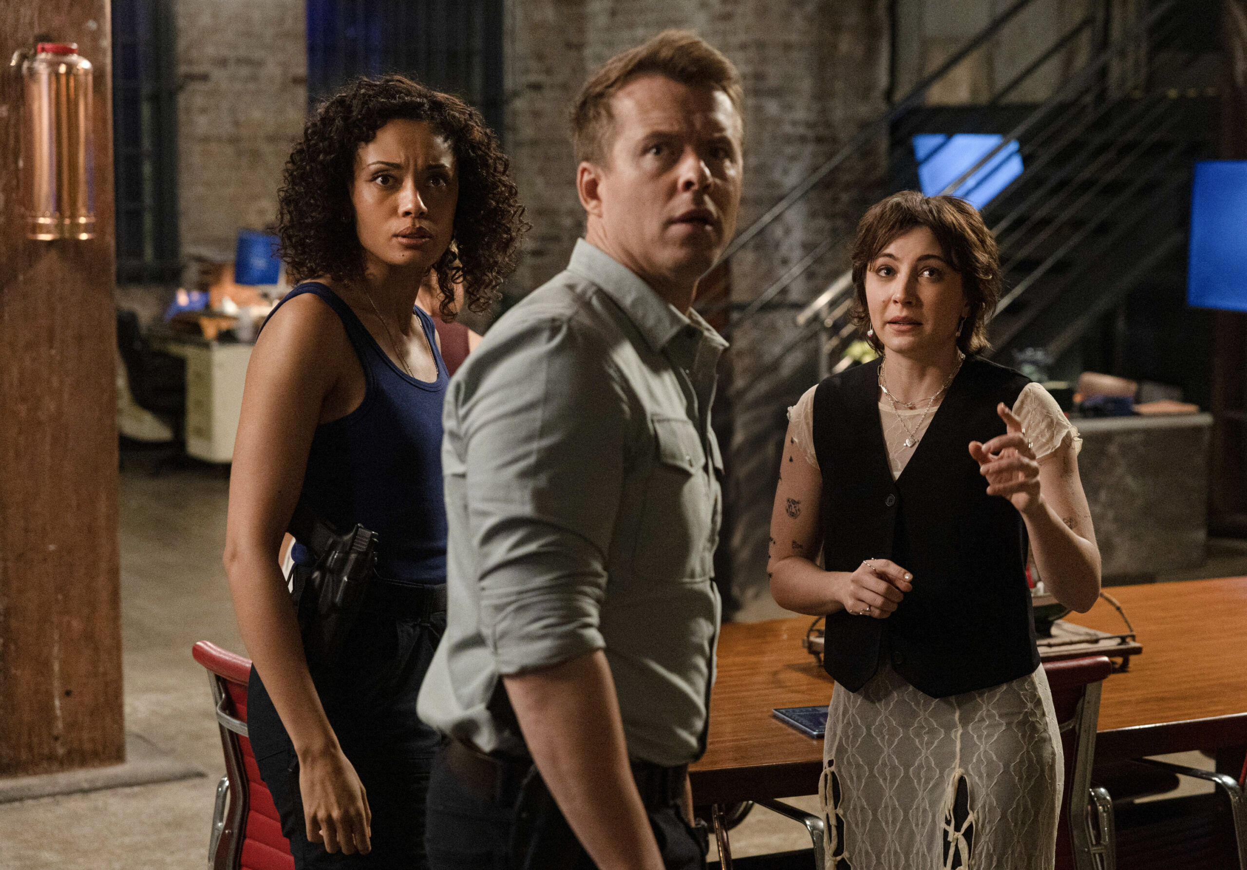 NCIS: Sydney Season 3 Episode 11, "Berthed" -- Olivia Swann as NCIS Special Agent Captain Michelle Mackey, Todd Lasance as AFP Liaison Officer Sergeant Jim 'JD' Dempsey and Mavournee Hazel as Forensic Pathologist Bluebird 'Blue' Gleeson