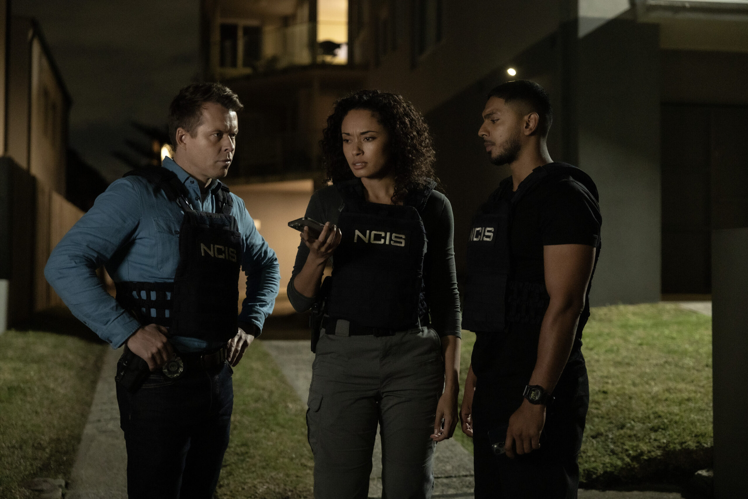 NCIS: Sydney Season 3 Episode 12, "Lone Wolf: Part One" -- Todd Lasance as AFP Liaison Officer Sergeant Jim 'JD' Dempsey, Olivia Swann as NCIS Special Agent Captain Michelle Mackey, and Sean Sagar as NCIS Special Agent DeShawn Jackson