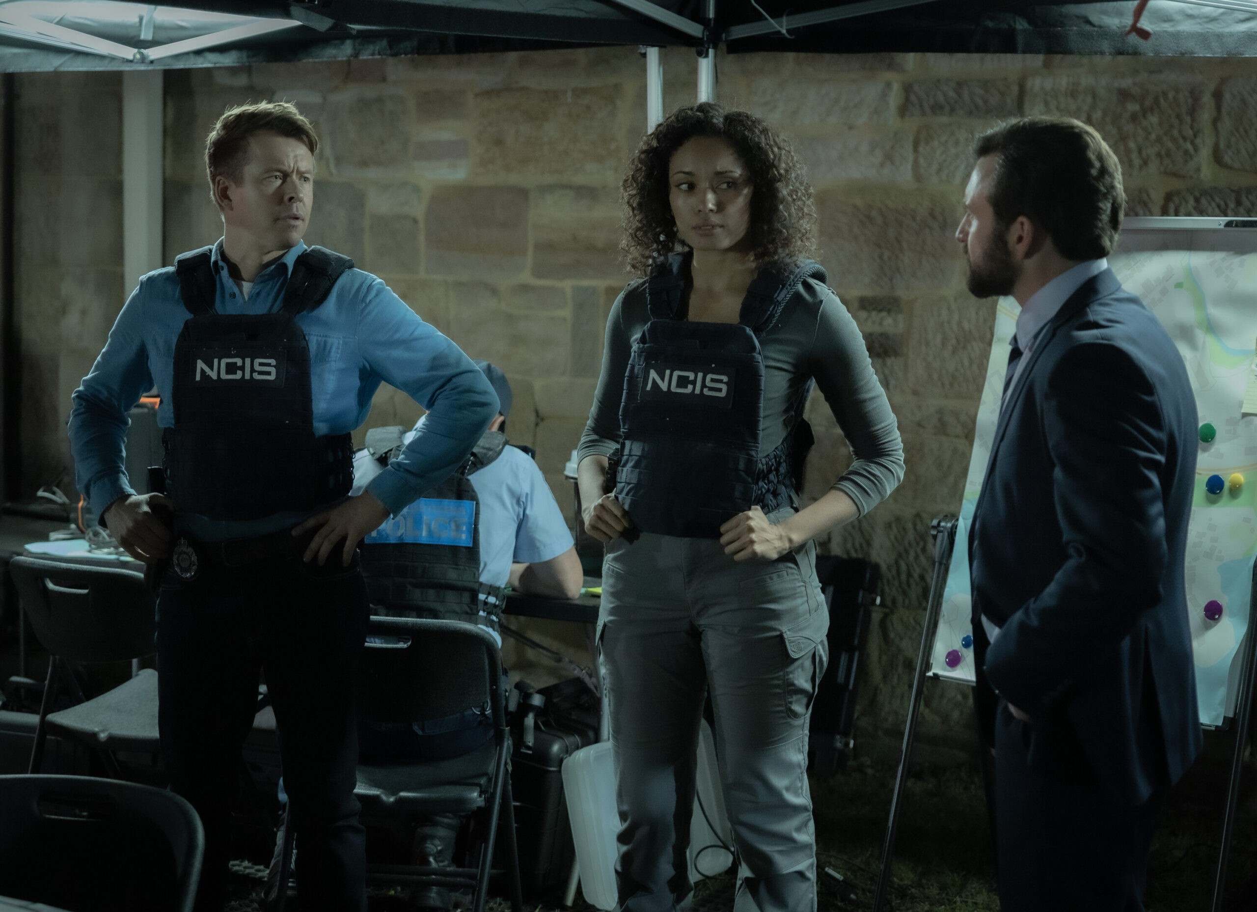 NCIS: Sydney Season 3 Episode 13, "Lone Wolf: Part Two" -- Todd Lasance as AFP Liaison Officer Sergeant Jim 'JD' Dempsey, Olivia Swann as NCIS Special Agent Captain Michelle Mackey and Johnny Carr as Rory Latham