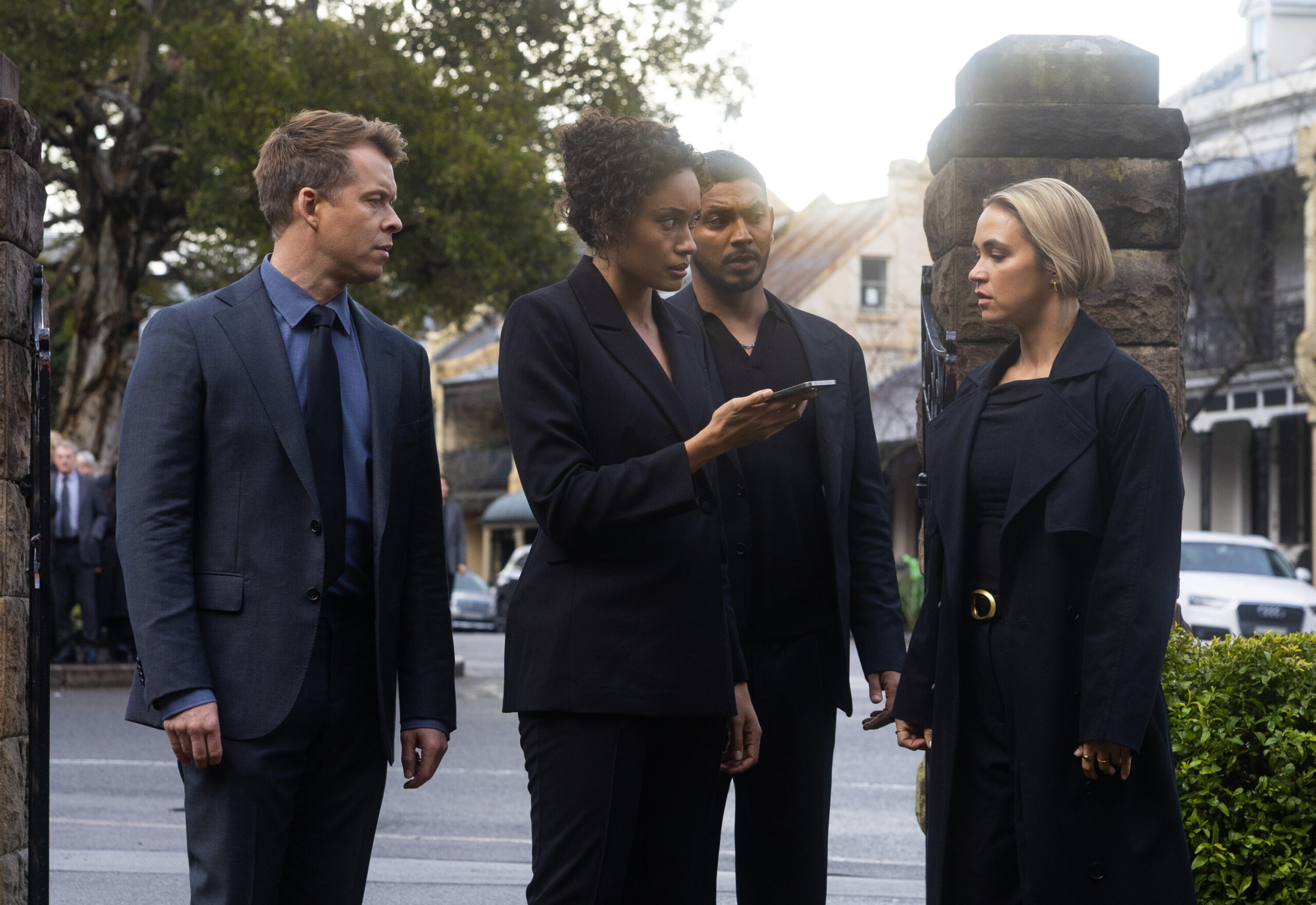 NCIS: Sydney Season 3 Episode 13, "Lone Wolf: Part Two" -- Todd Lasance as AFP Liaison Officer Sergeant Jim 'JD' Dempsey, Olivia Swann as NCIS Special Agent Captain Michelle Mackey, Sean Sagar as NCIS Special Agent DeShawn Jackson, and Tuuli Narkle as AFP Liaison Officer Constable Evie Cooper