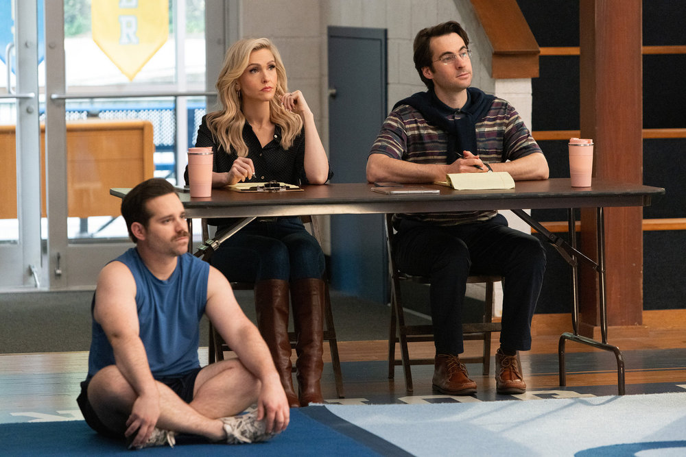 Stumble Season 1 Episode 12 "Making Mat" - (l-r) Ryan Pinkston as Steven Vaughn, Jenn Lyon as Courteney Potter, and Gus Heagerty as Seph Marigold