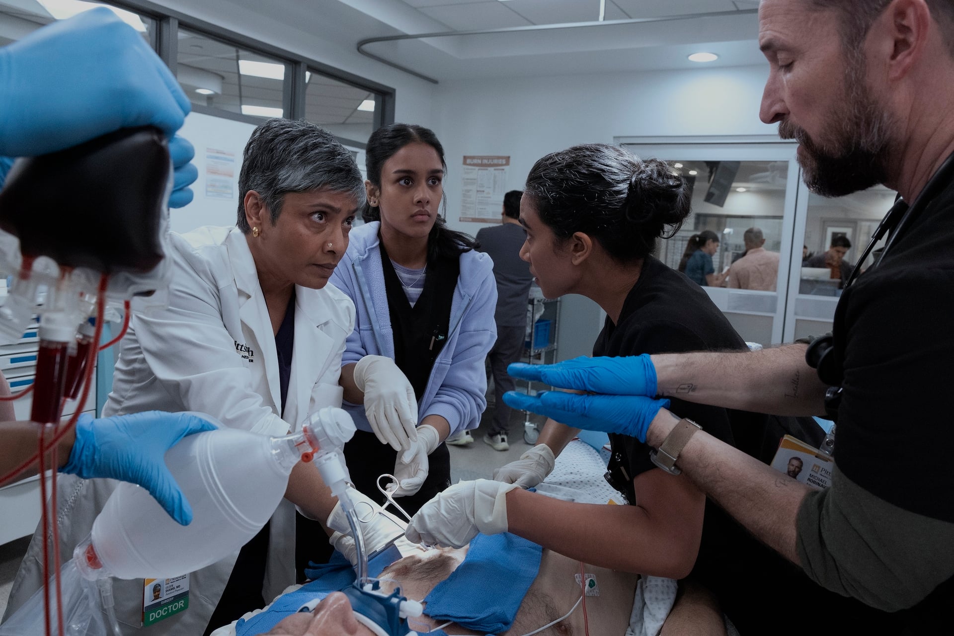 The Pitt Season 2 Episode 11 — Deepti Gupta, Shabana Azeez, Supriya Ganesh, Noah Wyle (Photograph by Warrick Page/HBO Max)