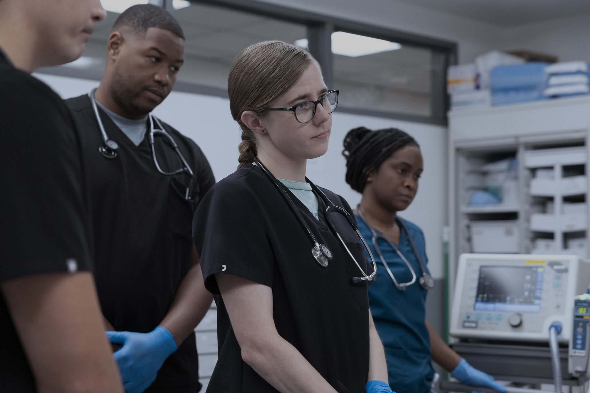 The Pitt Season 2 Episode 13 — Luke Tennie, Taylor Dearden, Kacie Rogers (Photograph by Warrick Page/HBO Max)