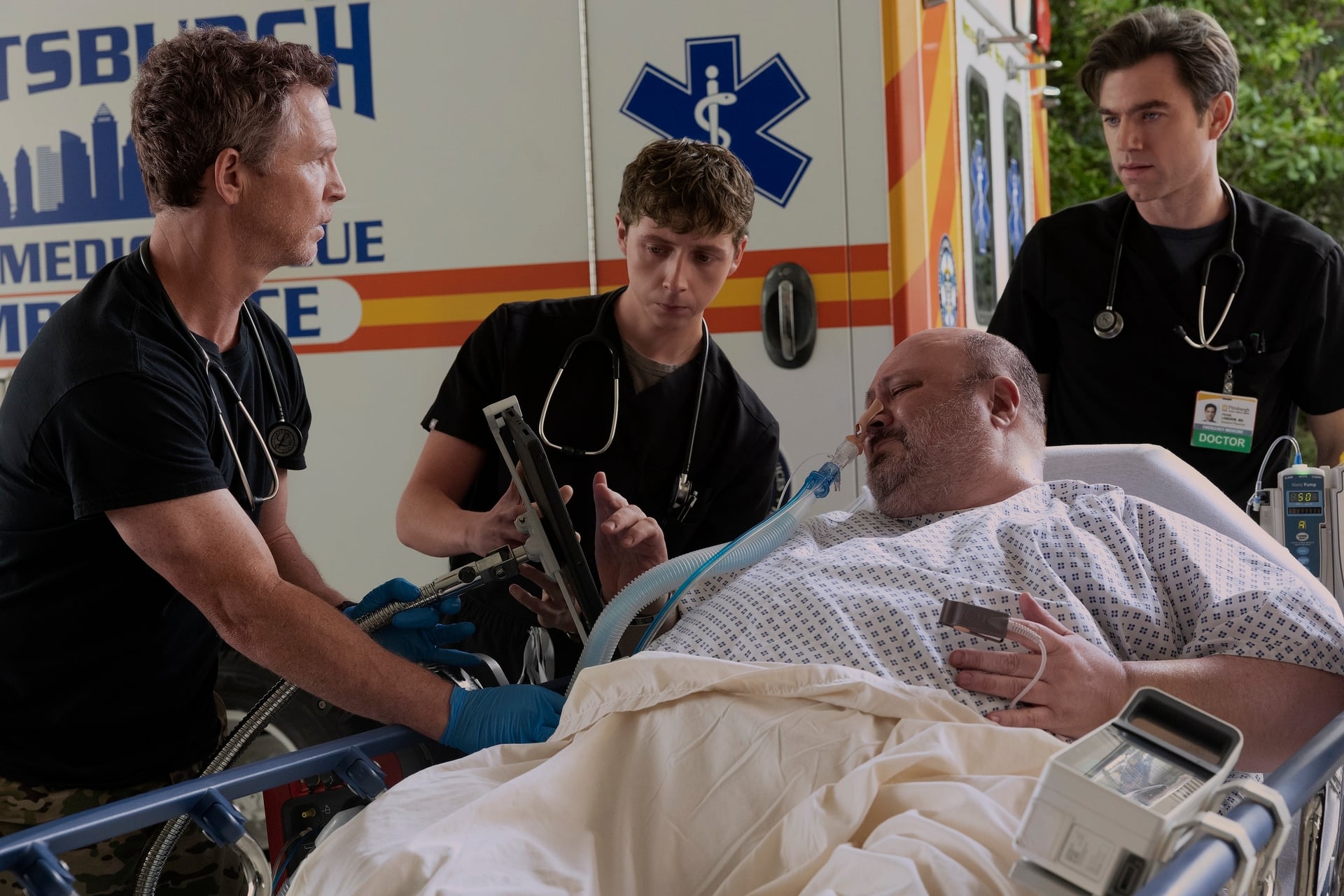 The Pitt Season 2 Episode 9 - Shawn Hatosy, Gerran Howell, Craig Ricci Shaynak, Patrick Ball (Photograph by Warrick Page/HBO Max)