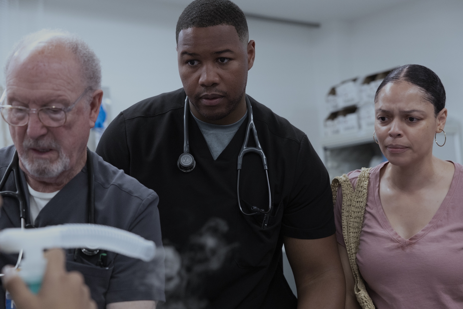 The Pitt Season 2 Episode 13 — Tim Van Pelt, Luke Tennie, Tianna Mendez (Photograph by Warrick Page/HBO Max)