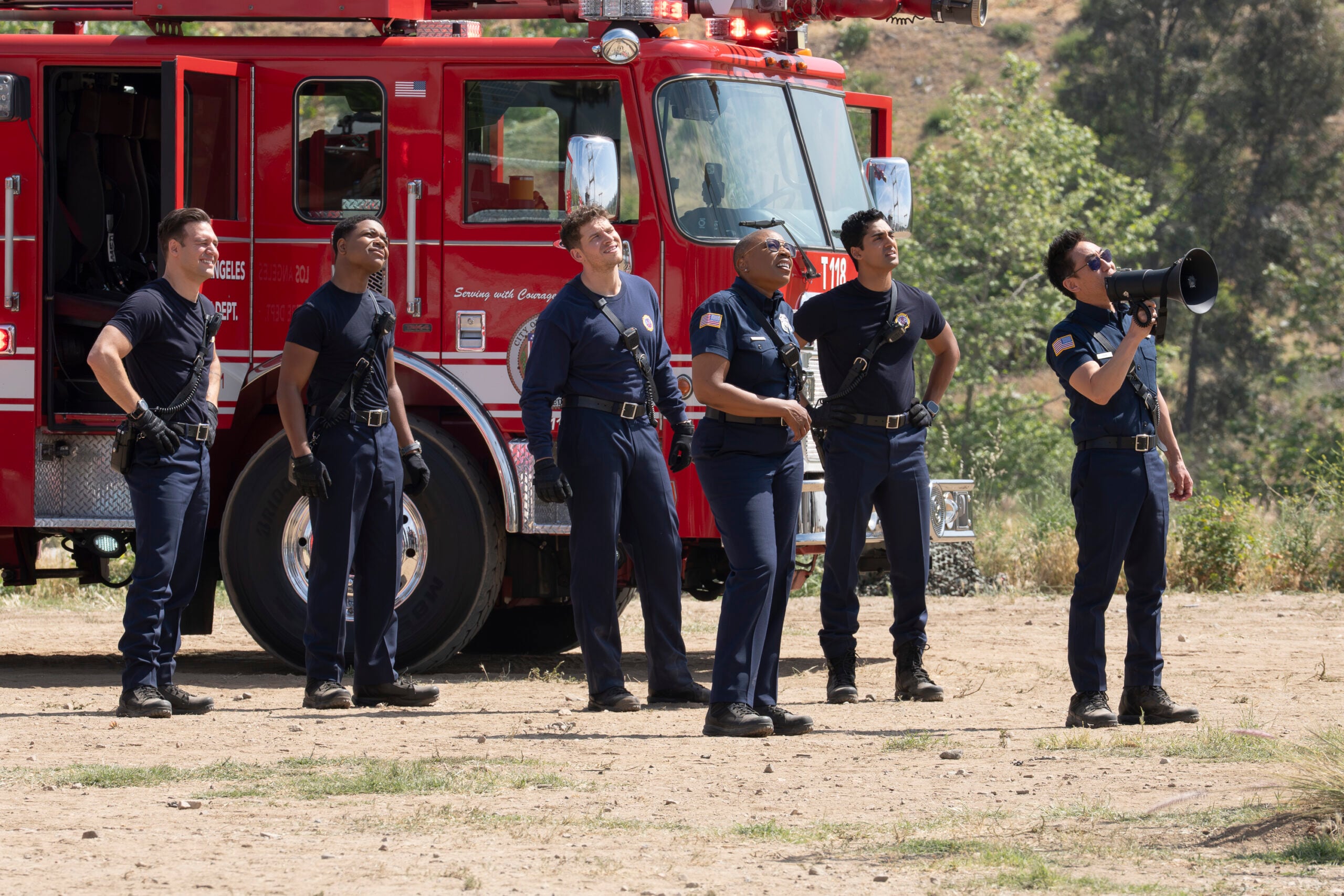 9-1-1 Season 9 Episode 17, "I Got You Babe" -- RYAN GUZMAN, ELIJAH M. COOPER, OLIVER STARK, AISHA HINDS, ANIRUDH PISHARODY, KENNETH CHOI