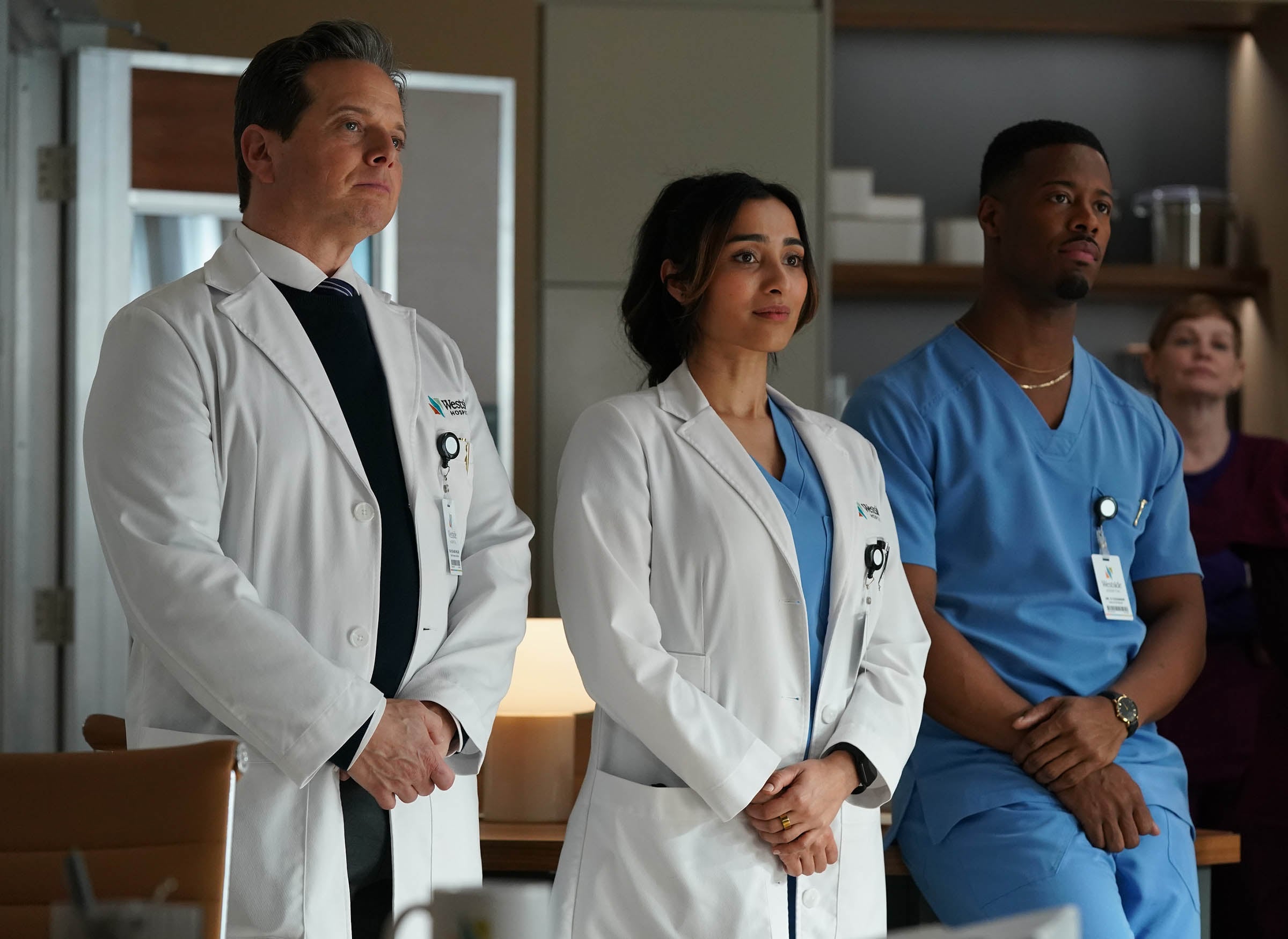 Still from Doc Season 2 Episode 20 of Scott Wolf, Anya Banerjee and Patrick Walker pictured from left to right.