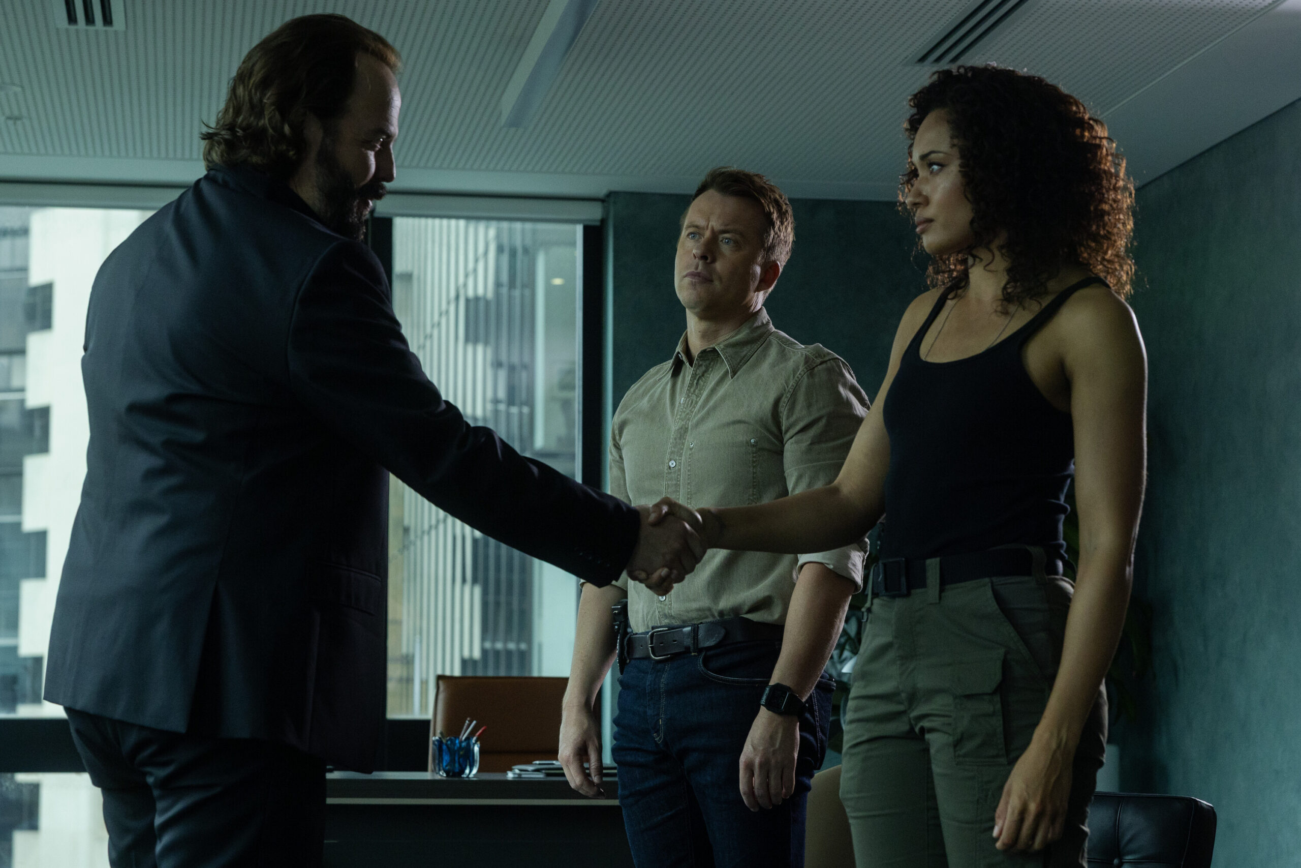 NCIS: Sydney Season 3 Episode 15, "The Collective" -- Angus Sampson as Lee Myers, Todd Lasance as AFP Liaison Officer Sergeant Jim 'JD' Dempsey, and Olivia Swann as NCIS Special Agent Captain Michelle Mackey