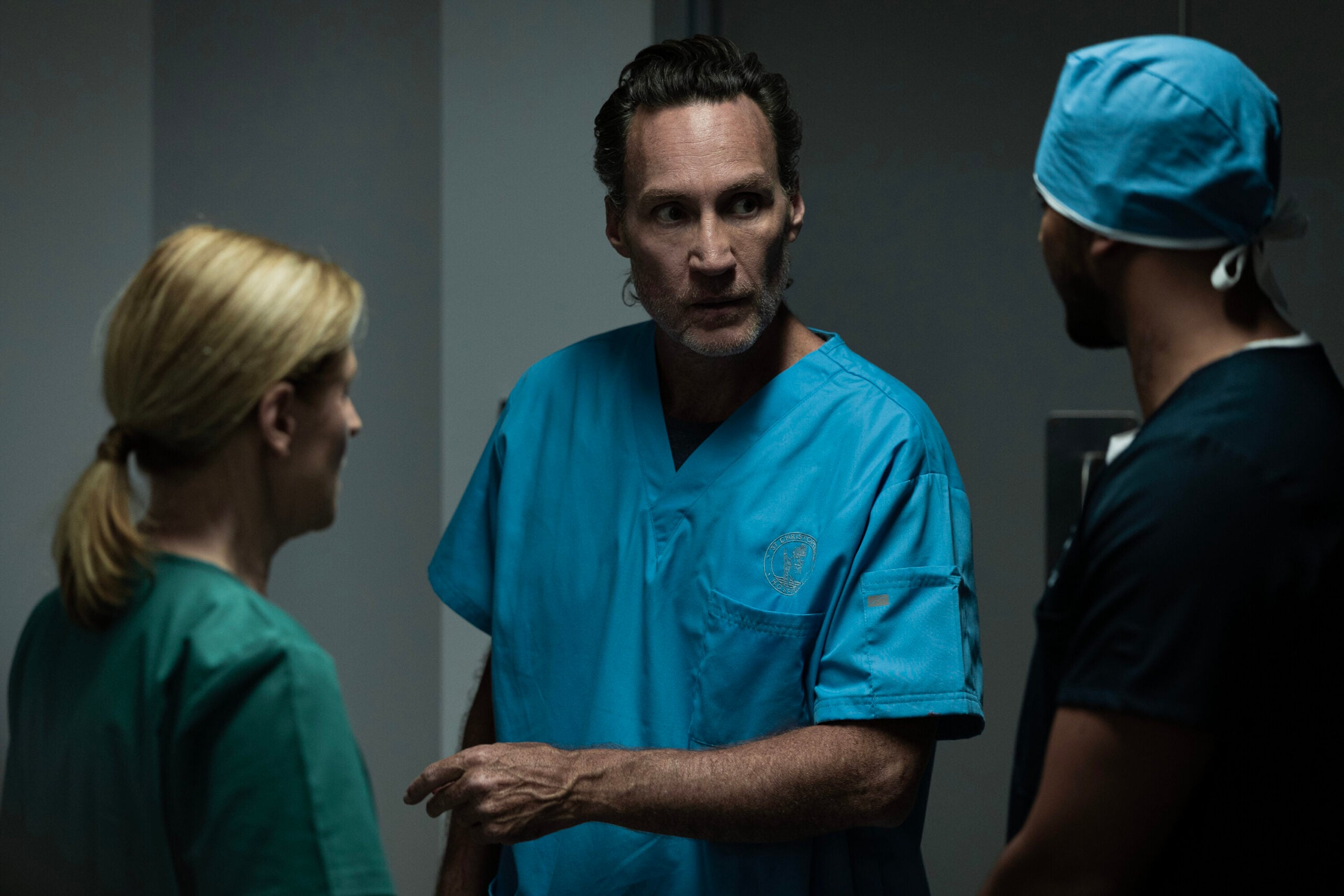 NCIS: Sydney Season 3 Episode 16, "Ticker" -- Jo Briant as Dr. Kate Harvey, Callan Mulvey as Gary Simms and Sean Sagar as NCIS Special Agent DeShawn Jackson