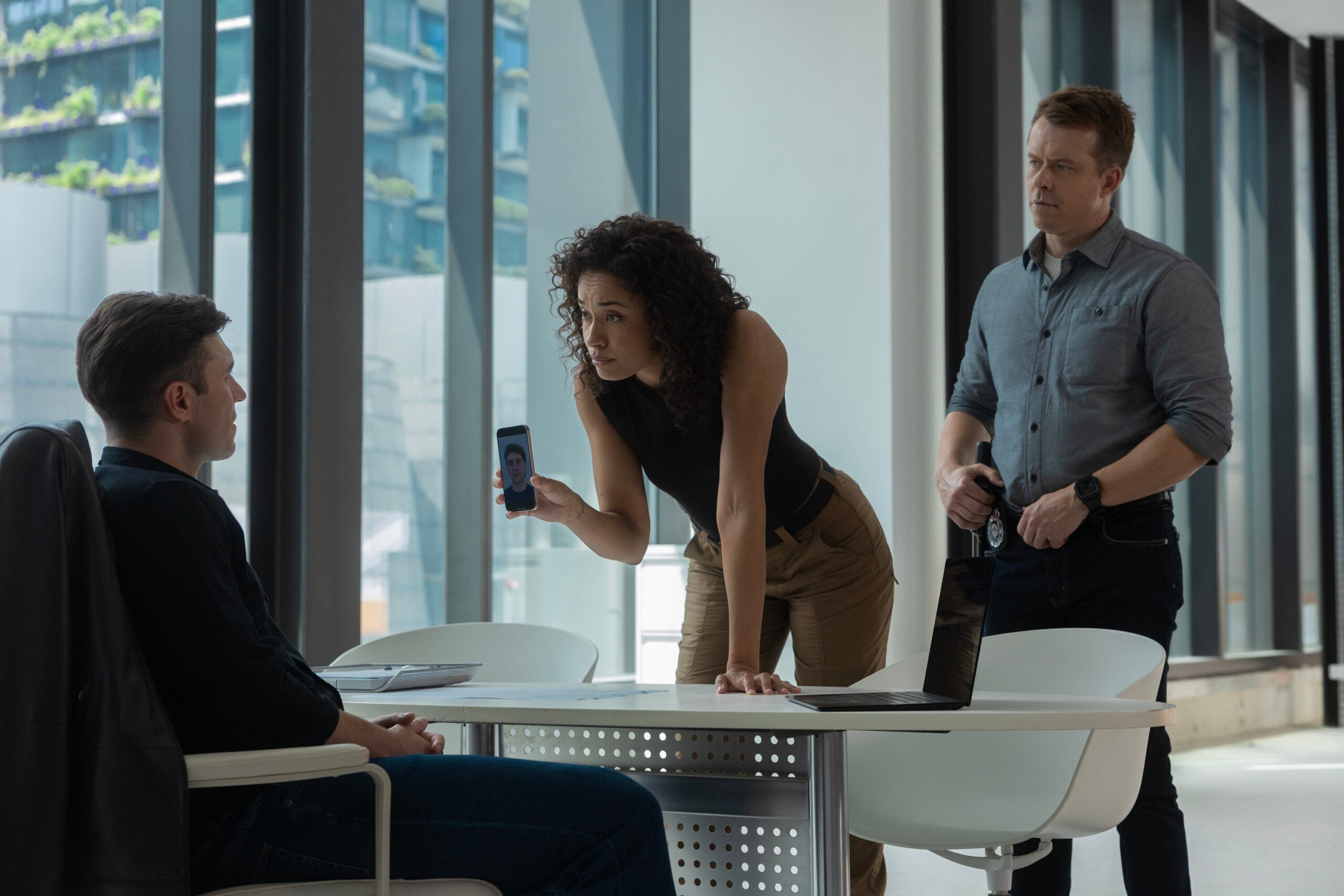 NCIS: Sydney Season 3 Episode 17, "Flight Club" -- Nic English as Julian Black, Olivia Swann as NCIS Special Agent Captain Michelle Mackey, and Todd Lasance as AFP Liaison Officer Sergeant Jim 'JD' Dempsey