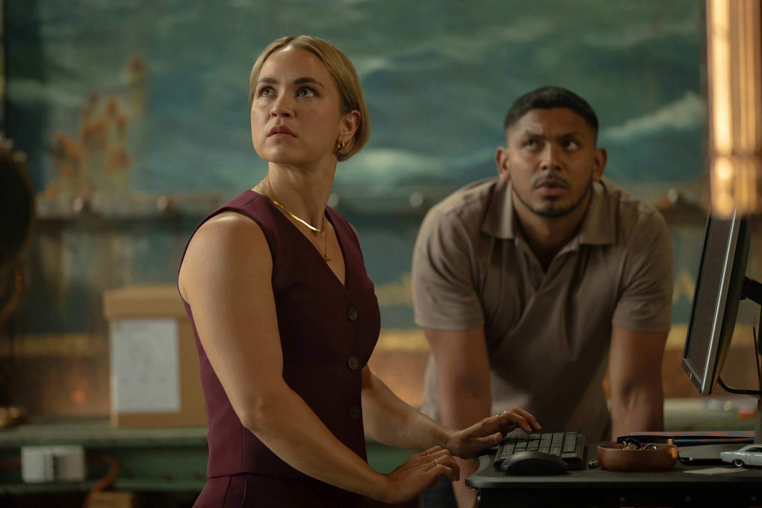 NCIS: Sydney Season 3 Episode 17, "Flight Club" -- Tuuli Narkle as AFP Liaison Officer Constable Evie Cooper and Sean Sagar as NCIS Special Agent DeShawn Jackson