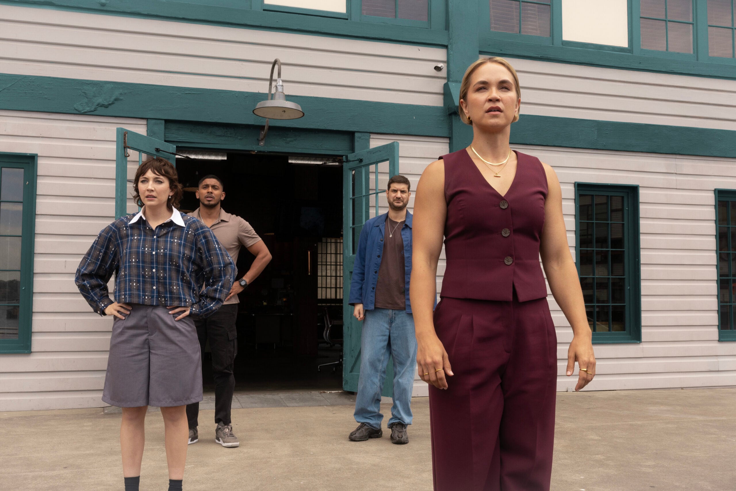 NCIS: Sydney Season 3 Episode 17, "Flight Club" -- Mavournee Hazel as Forensic Pathologist Bluebird 'Blue' Gleeson, Sean Sagar as NCIS Special Agent DeShawn Jackson, Claude Jabbour as Travis “Trigger” Riggs, and Tuuli Narkle as AFP Liaison Officer Constable Evie Cooper