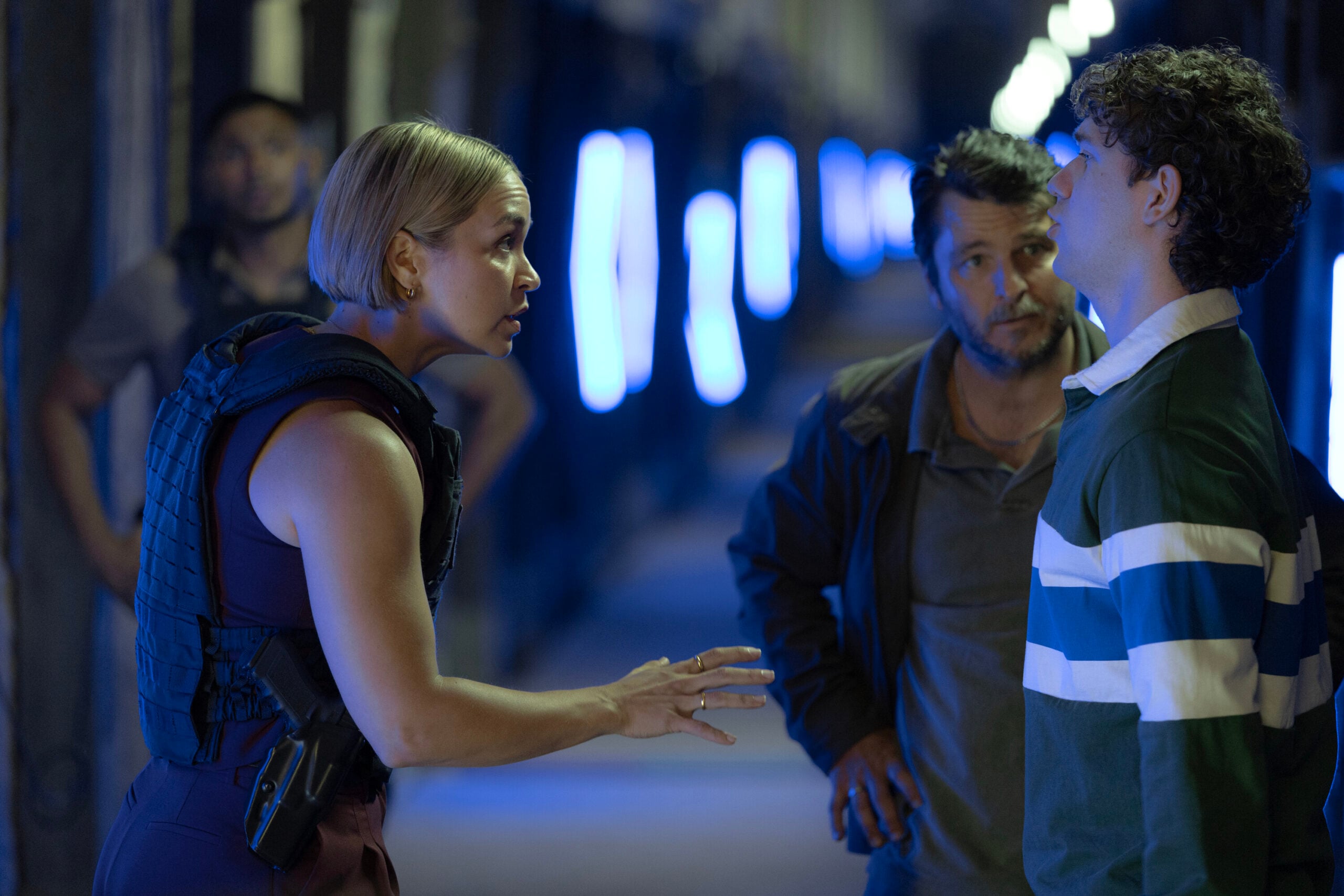 NCIS: Sydney Season 3 Episode 17, "Flight Club" -- Sean Sagar as NCIS Special Agent DeShawn Jackson, Tuuli Narkle as AFP Liaison Officer Constable Evie Cooper, Justin Rosniak as Marvo Armando, and Kane Mobbs as PJ Armando