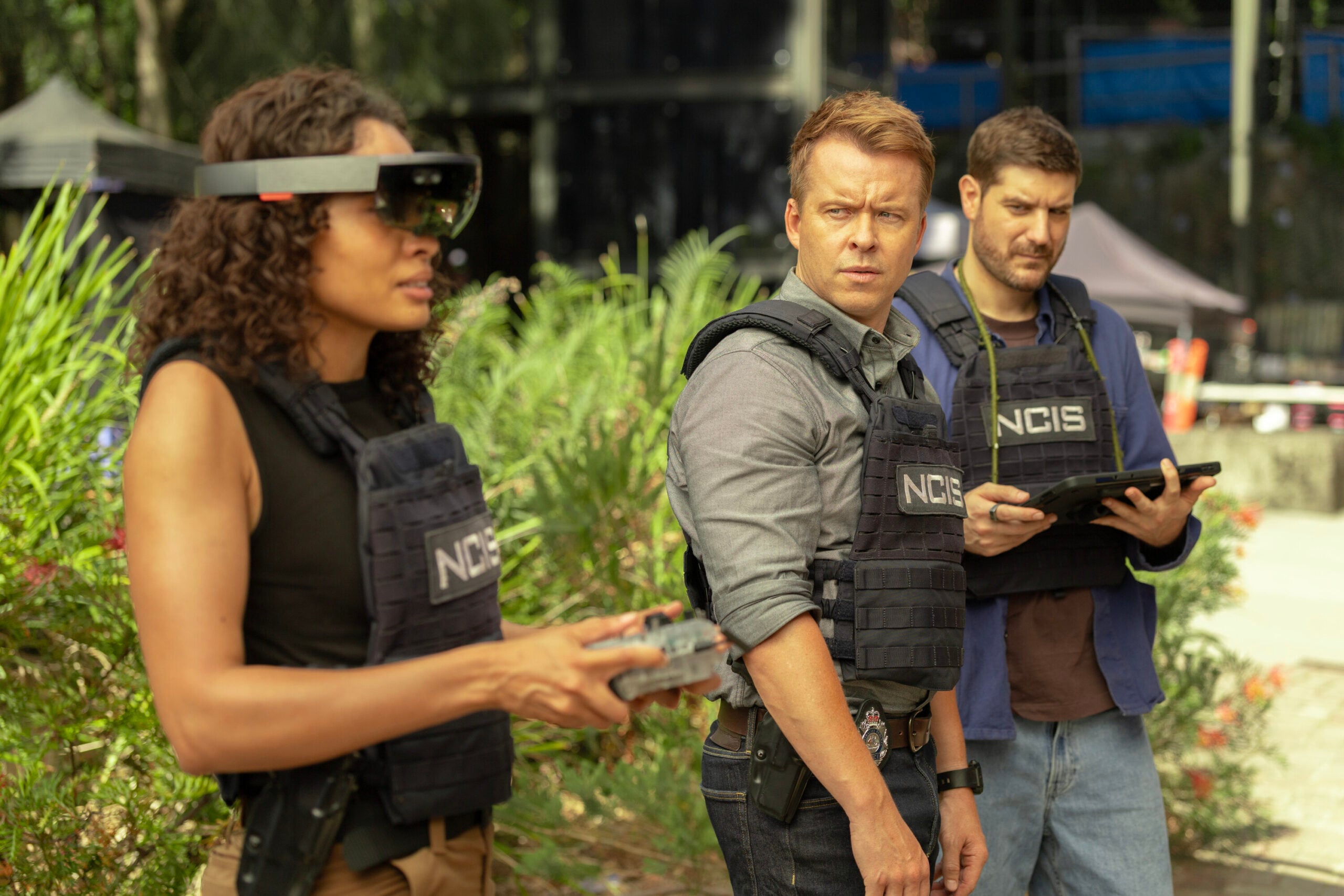 NCIS: Sydney Season 3 Episode 17, "Flight Club" -- Olivia Swann as NCIS Special Agent Captain Michelle Mackey, Todd Lasance as AFP Liaison Officer Sergeant Jim 'JD' Dempsey and Claude Jabbour as Travis “Trigger” Riggs