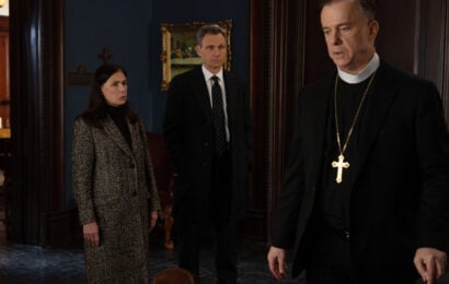 Law & Order Season 25 Episode 17, "Beyond Measure" - (l-r) Maura Tierney as Lieutenant Jessica Brady, Tony Goldwyn as DA Nicholas Baxter, and Michael O'Keefe as Archbishop Keane Law & Order Season 25 Episode 17 Review: Beyond Measure 
