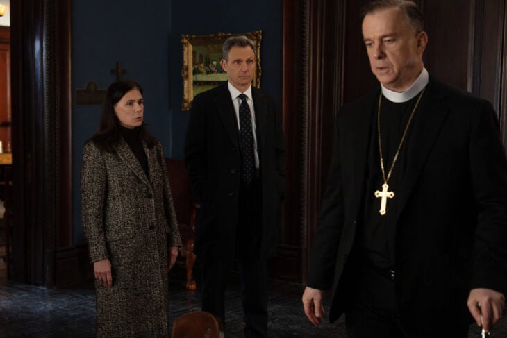 Law & Order Season 25 Episode 17, "Beyond Measure" - (l-r) Maura Tierney as Lieutenant Jessica Brady, Tony Goldwyn as DA Nicholas Baxter, and Michael O'Keefe as Archbishop Keane Law & Order Season 25 Episode 17 Review: Beyond Measure 