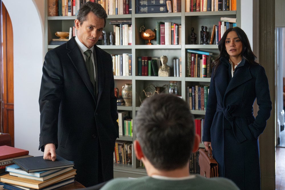 Law & Order Season 25 Episode 17, "Beyond Measure" - (l-r) Hugh Dancy as ADA Nolan Price, Nick Reynolds as Gregory Johnson, and Odelya Halevi as Samantha Maroun