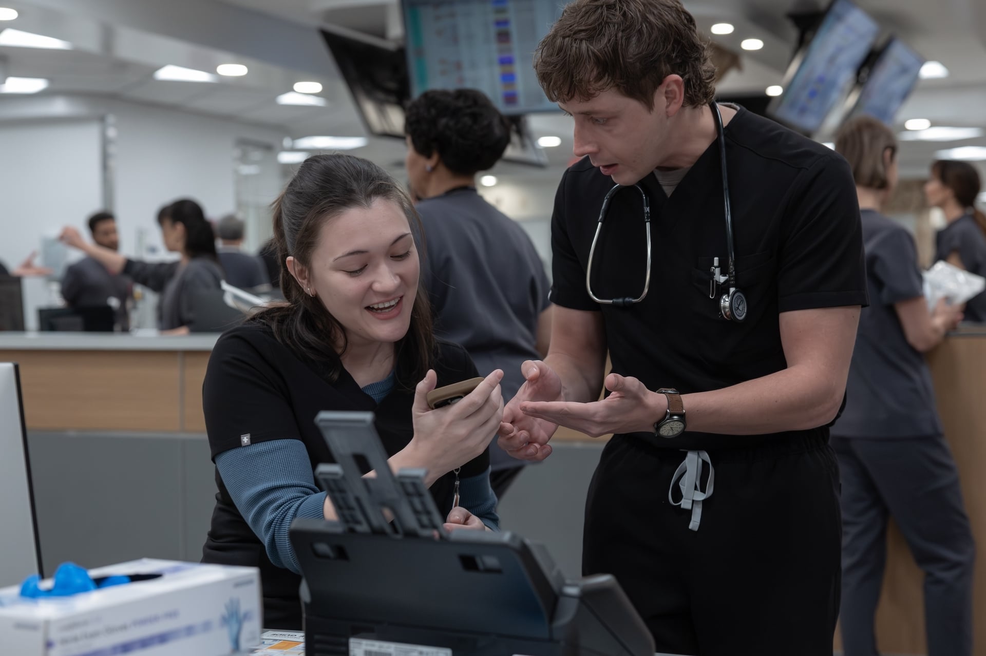 The Pitt Season 2 Episode 14 — Gerran Howell, Isa Briones (Warrick Page/HBOMAX) | Tell-Tale TV The Pitt Season 2 Episode 14 — Gerran Howell, Isa Briones (Warrick Page/HBOMAX). Dana tells Langdon to get his urine screened. Whitaker gets a big Lyft bill.