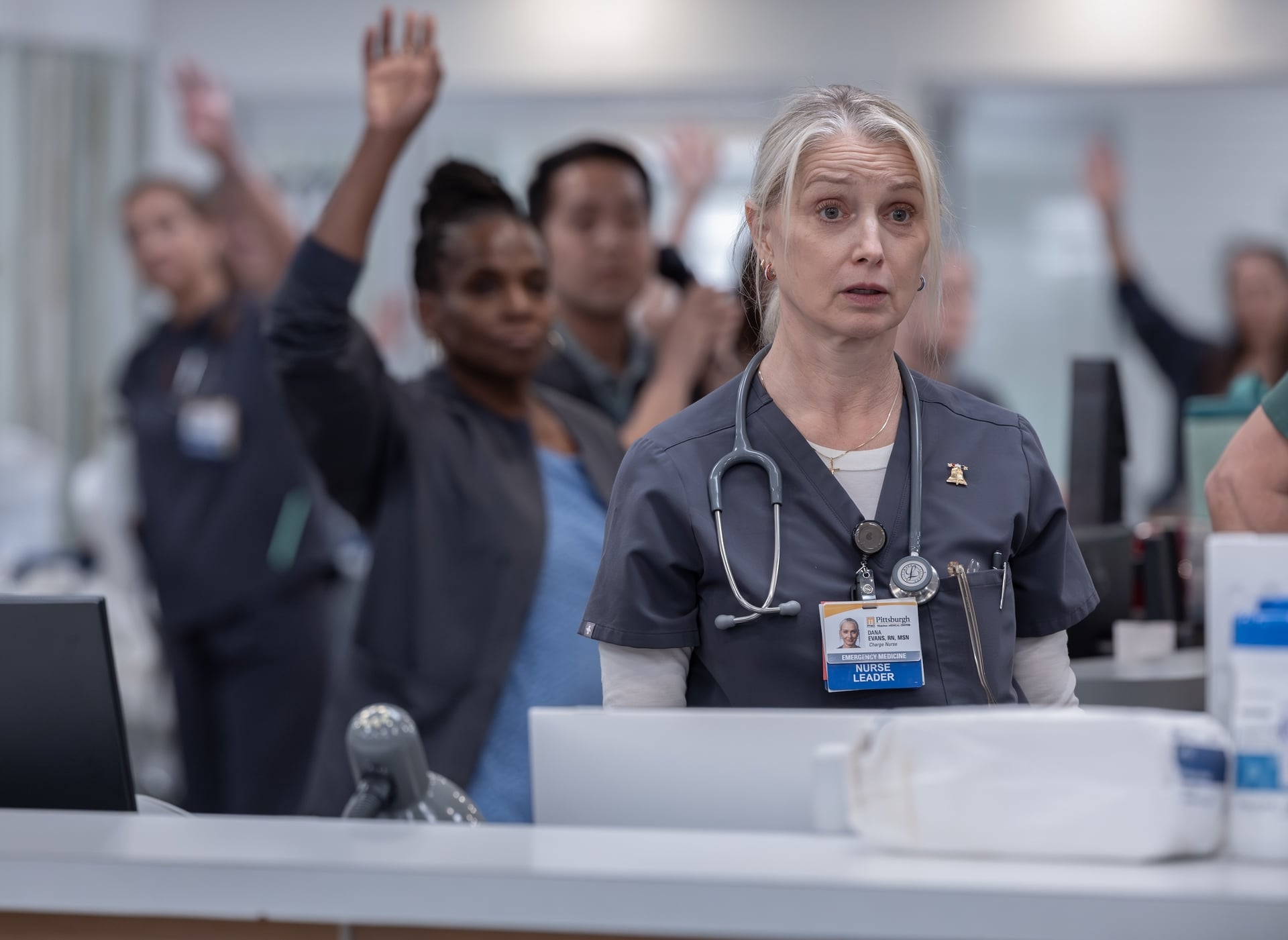 The Pitt Season 2 Episode 14 — Katherine LaNasa (Warrick Page/HBOMAX) | Tell-Tale TV The Pitt Season 2 Episode 14 — Katherine LaNasa (Warrick Page/HBOMAX). Robby lays into the Medics. Al-Hashimi asks for Robby's opinion.