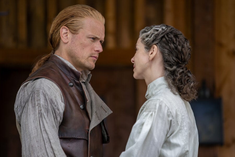 Outlander 808 — In the Forest, Left to Right: Sam Heughan (“Jamie Fraser”) and Caitríona Balfe (“Claire Fraser”)