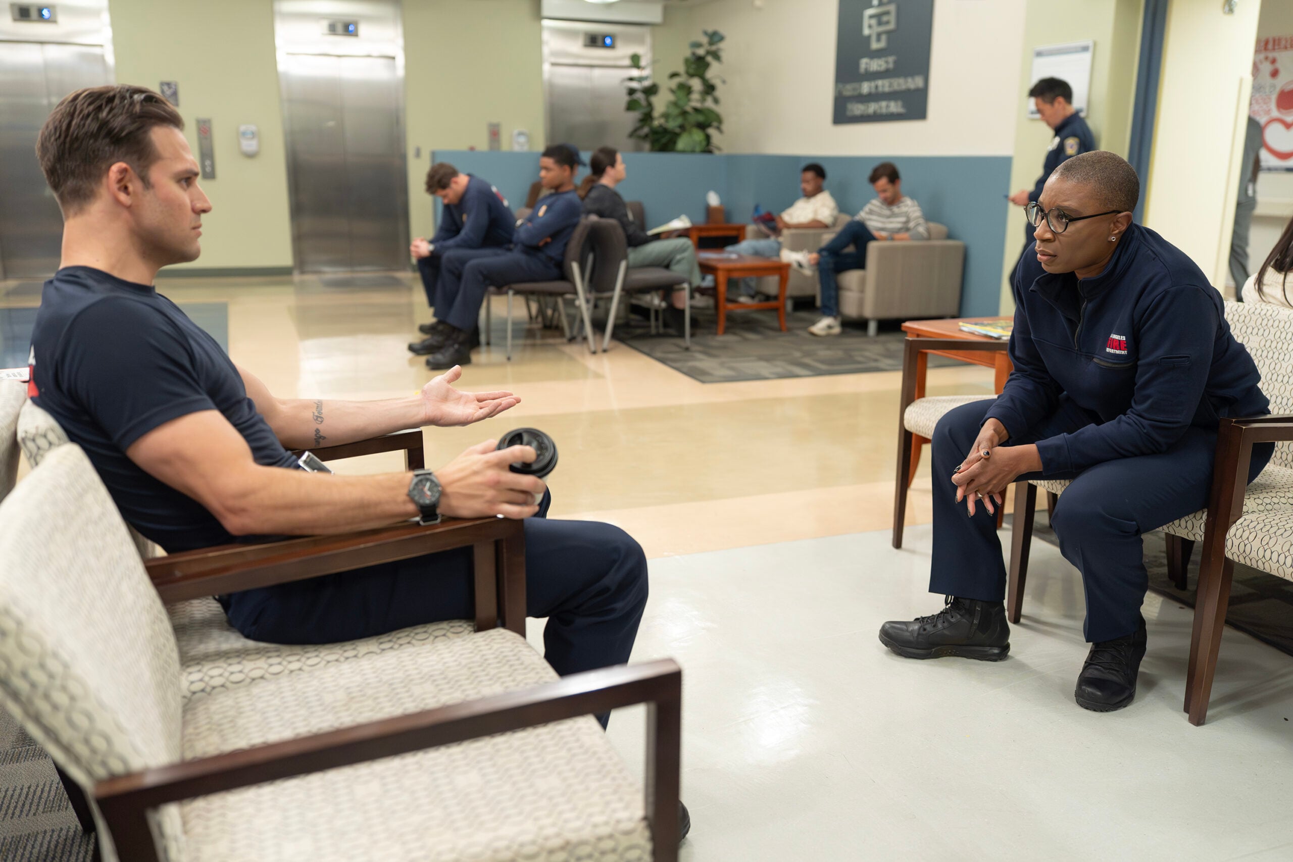 9-1-1 Season 9 Episode 18, "Hearts and Flowers" -- RYAN GUZMAN, AISHA HINDS
