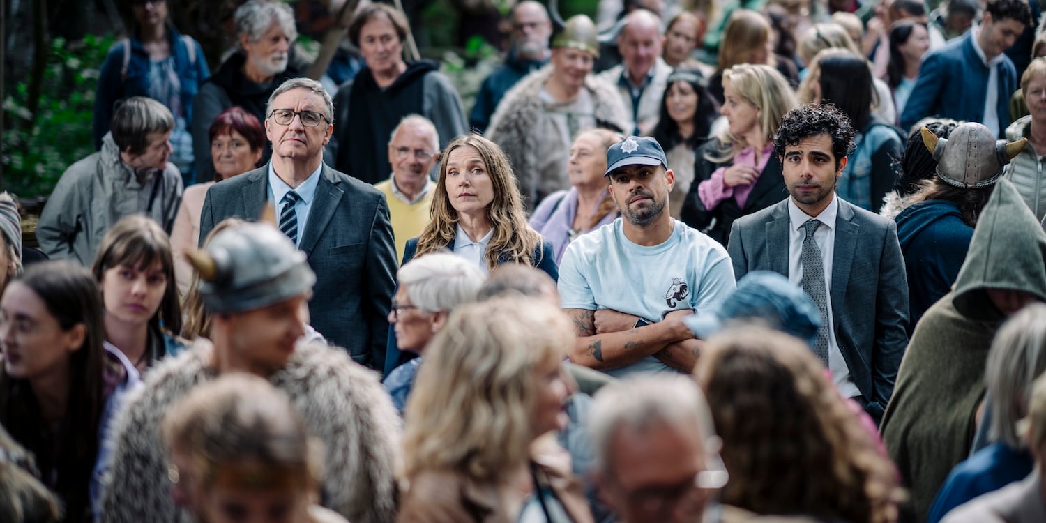 Patience Season 2 Episode 7 MARK BENTON (DCI CALVIN BAXTER), NATHAN WELSH (JAKE HUNTER), JESSICA HYNES (FRANKIE MONROE) and ALI ARIAIE (WILL AKBARI) – PATIENCE _A Monk’s Tale_ Patience Season 2 Episode 7 Review: Murder in a Monastery