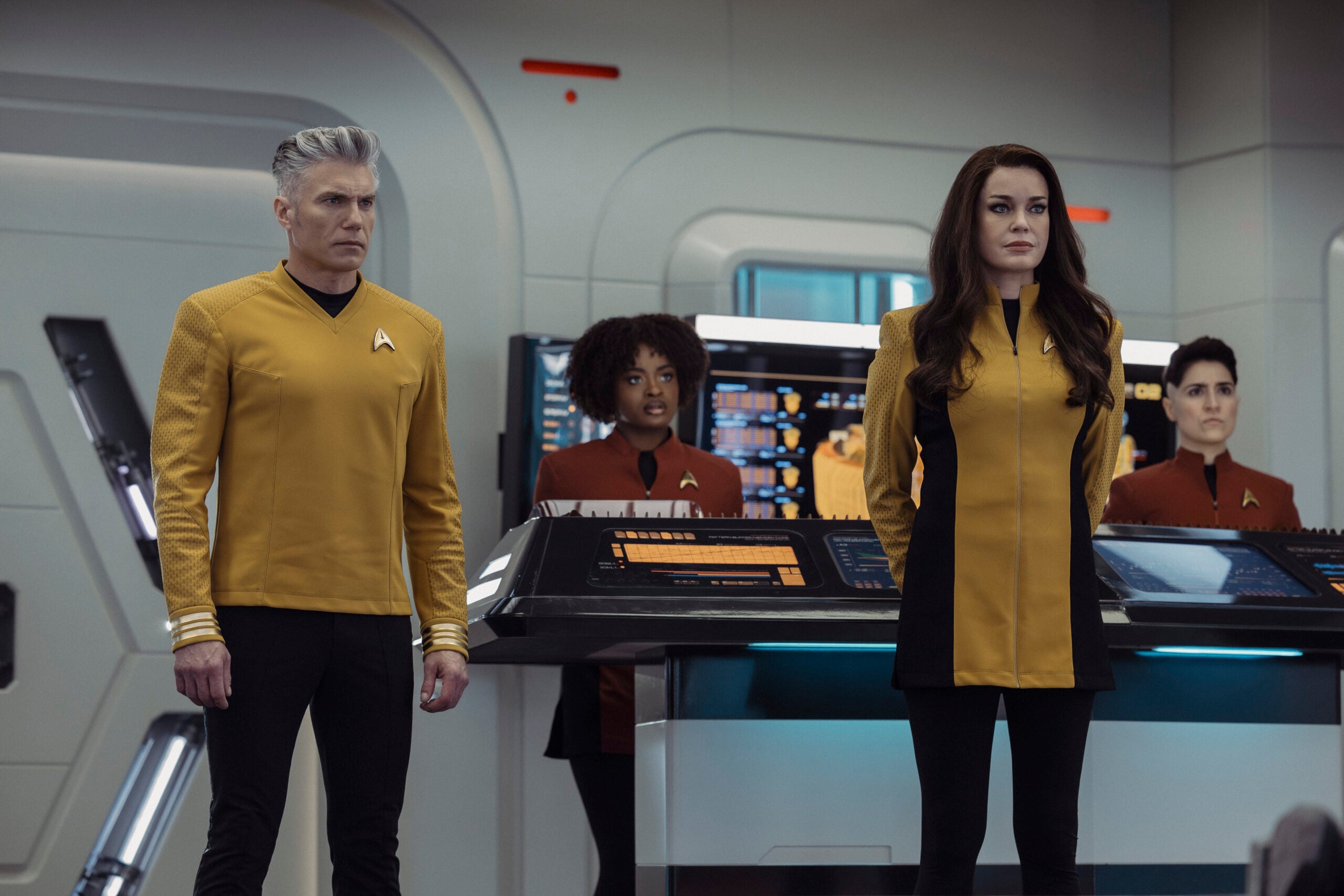 Still from Star Trek: Strange New Worlds Season 4 Episode 2 of Anson Mount as Captain Pike, Celia Rose Gooding as Uhura, Rebecca Romijn as Una, and Melissa Navia as Erica Ortegas pictured from left to right. What to Expect from Star Trek: Strange New Worlds Season 4 Episode 2: Old Mysteries, New Dangers Still from Star Trek: Strange New Worlds Season 4 Episode 2 of Anson Mount as Captain Pike, Celia Rose Gooding as Uhura, Rebecca Romijn as Una, and Melissa Navia as Erica Ortegas pictured from left to right.