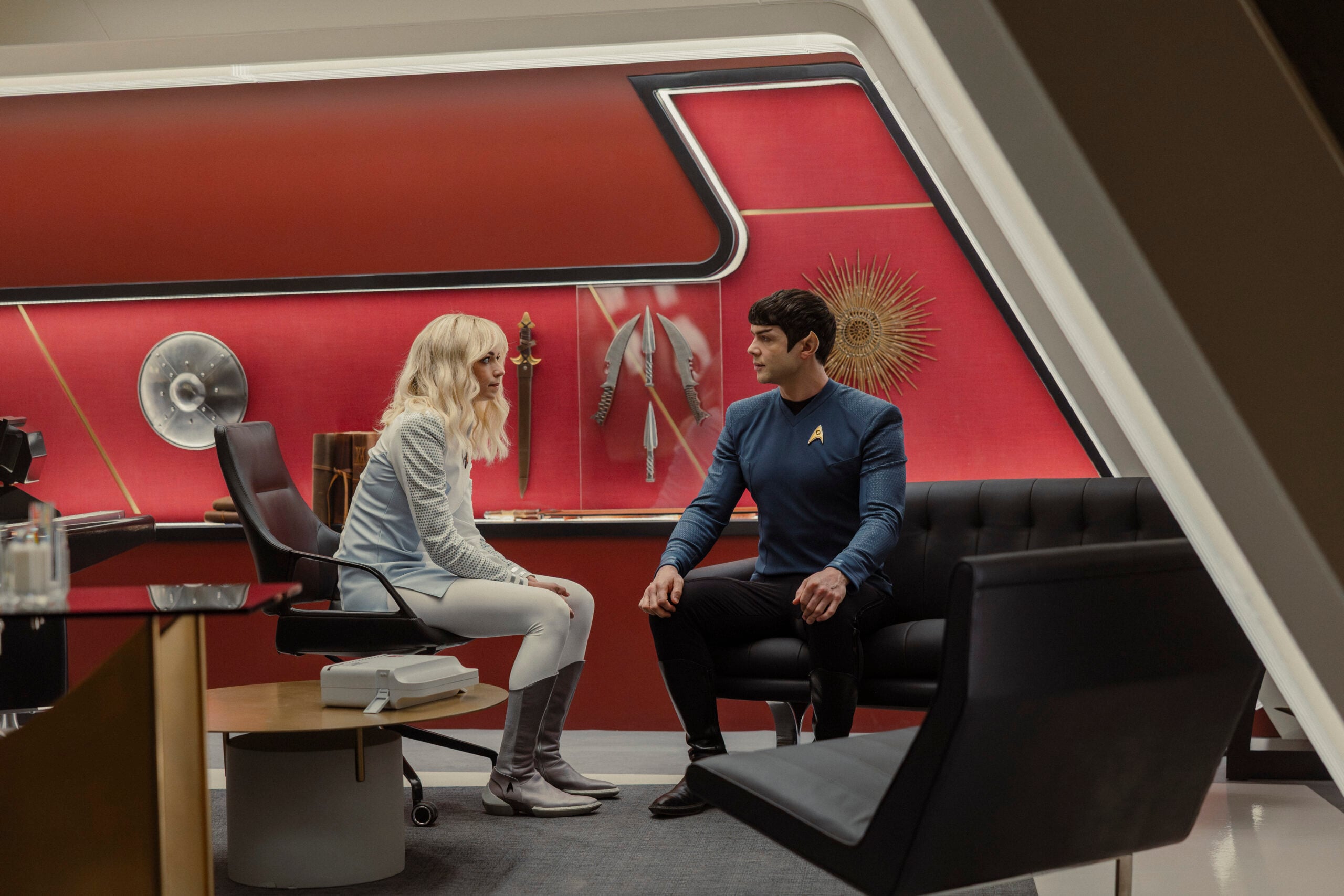 Still from Star Trek: Strange New Worlds Season 4 Episode 2 of ess Bush as Christine Chapel and Ethan Peck as Spock pictured from left to right. What to Expect from Star Trek: Strange New Worlds Season 4 Episode 2: Old Mysteries, New Dangers Still from Star Trek: Strange New Worlds Season 4 Episode 2 of ess Bush as Christine Chapel and Ethan Peck as Spock pictured from left to right.