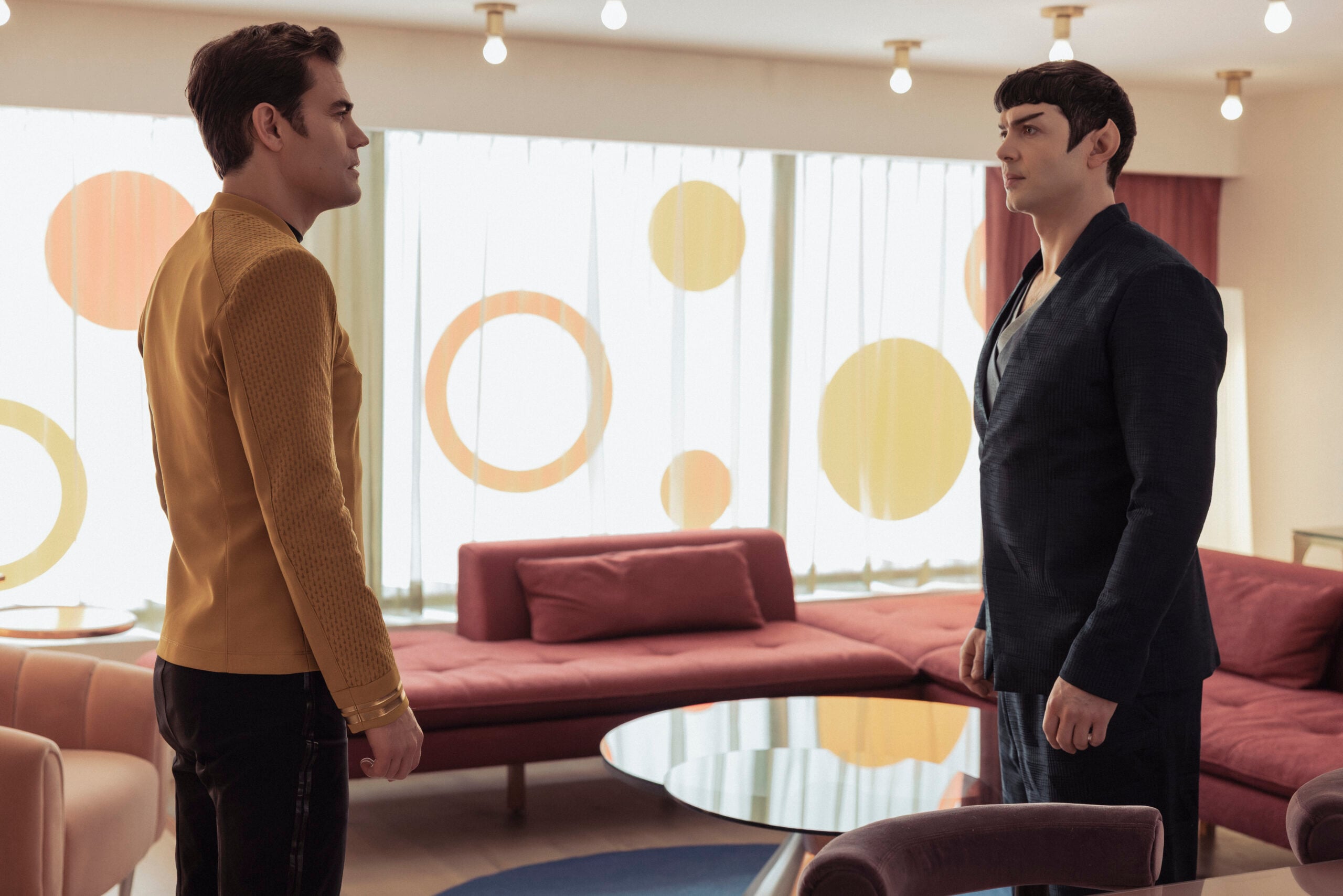 Star Trek: Strange New Worlds Season 4 Episode 3 - Paul Wesley and Ethan Peck | Tell-Tale TV Still from Star Trek Strange New Worlds Season 4 Episode 3 of Paul Wesley as James T. Kirk and Ethan Peck as Spock pictured from left to right. What to Expect from Star Trek: Strange New Worlds Season 4 Episode 3: Time For Some R&R Still from Star Trek Strange New Worlds Season 4 Episode 3 of Paul Wesley as James T. Kirk and Ethan Peck as Spock pictured from left to right.