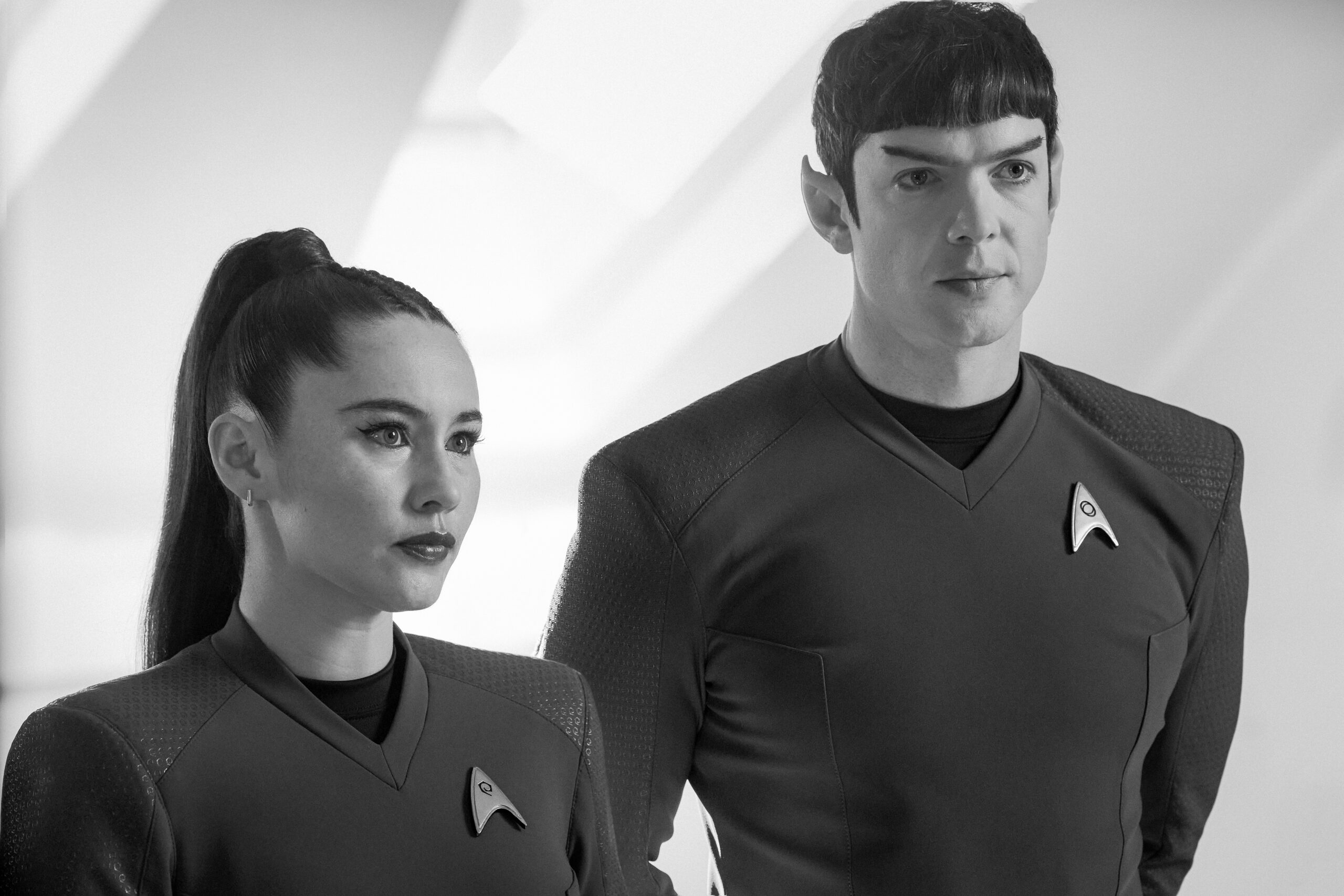 Star Trek: Strange New Worlds Season 4 Episode 4 - Christina Chong and Ethan Peck | Tell-Tale TV Still from Star Trek: Strange New Worlds Season 4 Episode 4 of Christina Chong as La’an Noonien-Singh and Ethan Peck as Spock pictured from left to right. Star Trek: Strange New Worlds Season 4 Episode 4 Preview: Forget it Una, its Klingon Territory Still from Star Trek: Strange New Worlds Season 4 Episode 4 of Christina Chong as La’an Noonien-Singh and Ethan Peck as Spock pictured from left to right.