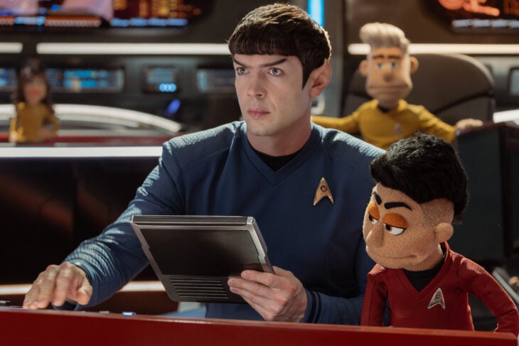 Star Trek: Strange New Worlds Season 4 Episode 5 - Ethan Peck and Melissa Navia | Tell-Tale TV Still from Star Trek: Strange New Worlds Season 4 Episode 5 of Ethan Peck as Spock and Melissa Navia as Erica Ortegas pictured from left to right Star Trek: Strange New Worlds Season 4 Episode 5 Review: Puppet Play Still from Star Trek: Strange New Worlds Season 4 Episode 5 of Ethan Peck as Spock and Melissa Navia as Erica Ortegas pictured from left to right