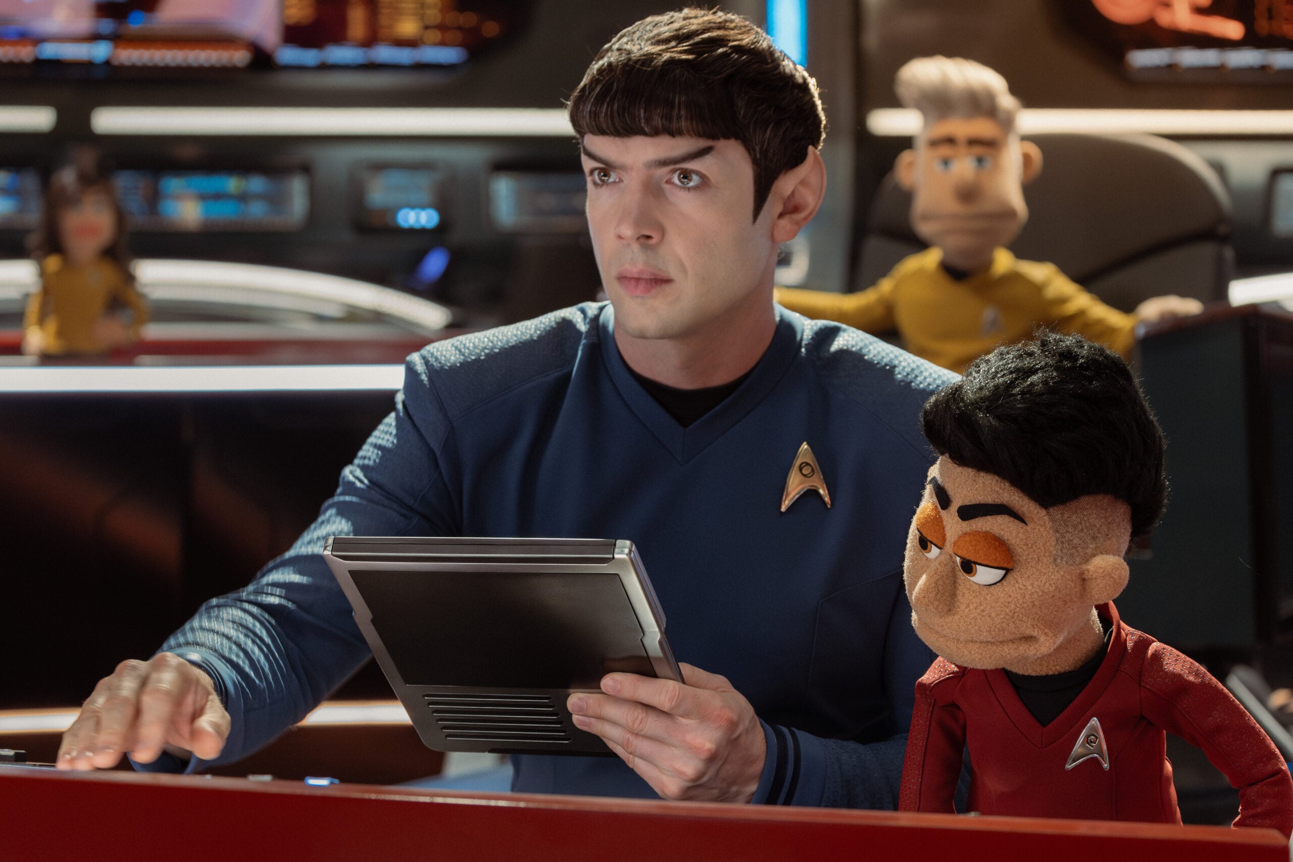 Still from Star Trek: Strange New Worlds Season 4 Episode 5 of Ethan Peck as Spock and Melissa Navia as Erica Ortegas pictured from left to right Star Trek: Strange New Worlds Season 4 Episode 5 Preview: Brought to You by The Letter P Still from Star Trek: Strange New Worlds Season 4 Episode 5 of Ethan Peck as Spock and Melissa Navia as Erica Ortegas pictured from left to right
