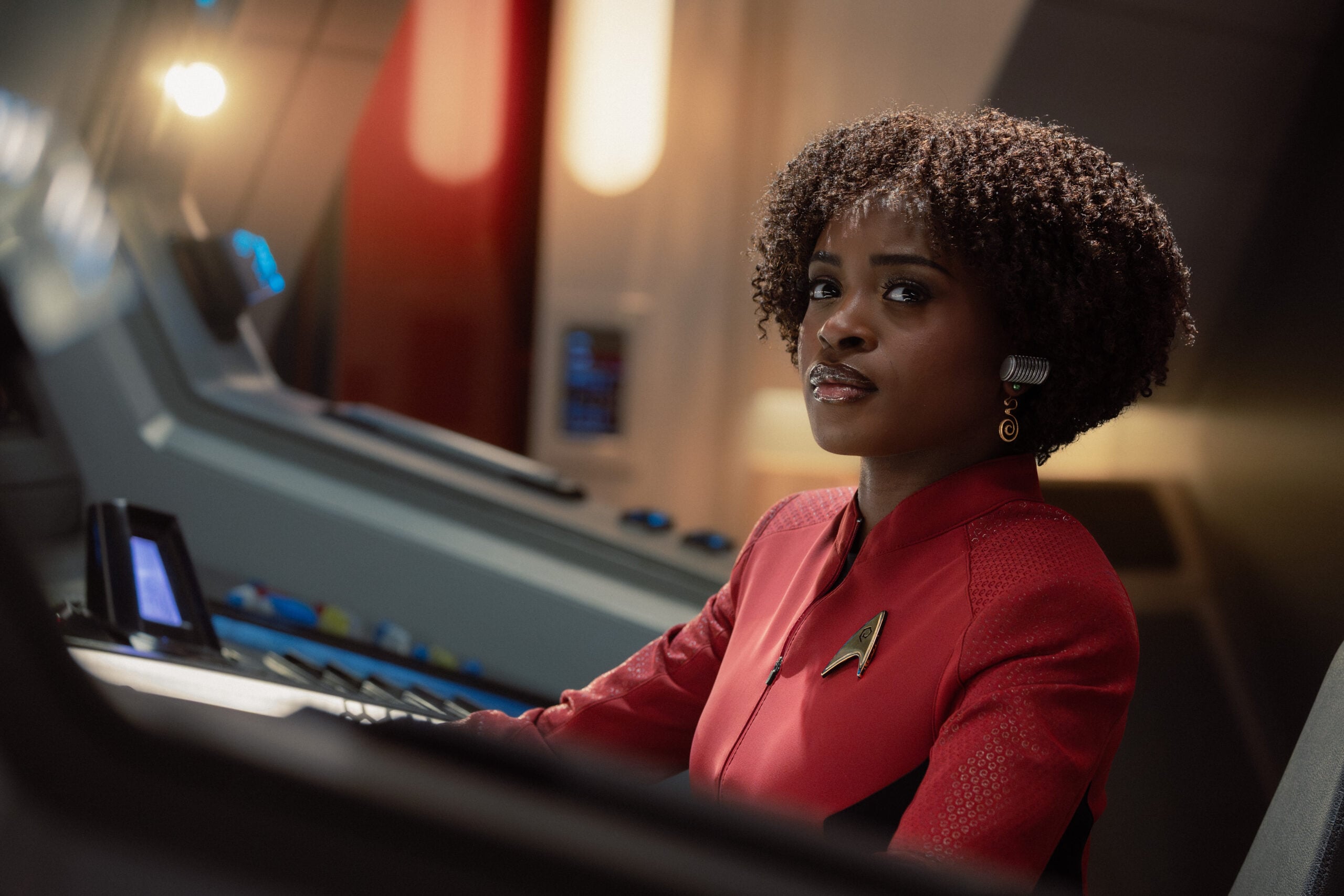 Still from Star Trek: Strange New Worlds of Celia Rose Gooding as Uhura. Star Trek: Strange New Worlds Season 4 Episode 5 Preview: Brought to You by The Letter P Still from Star Trek: Strange New Worlds of Celia Rose Gooding as Uhura.