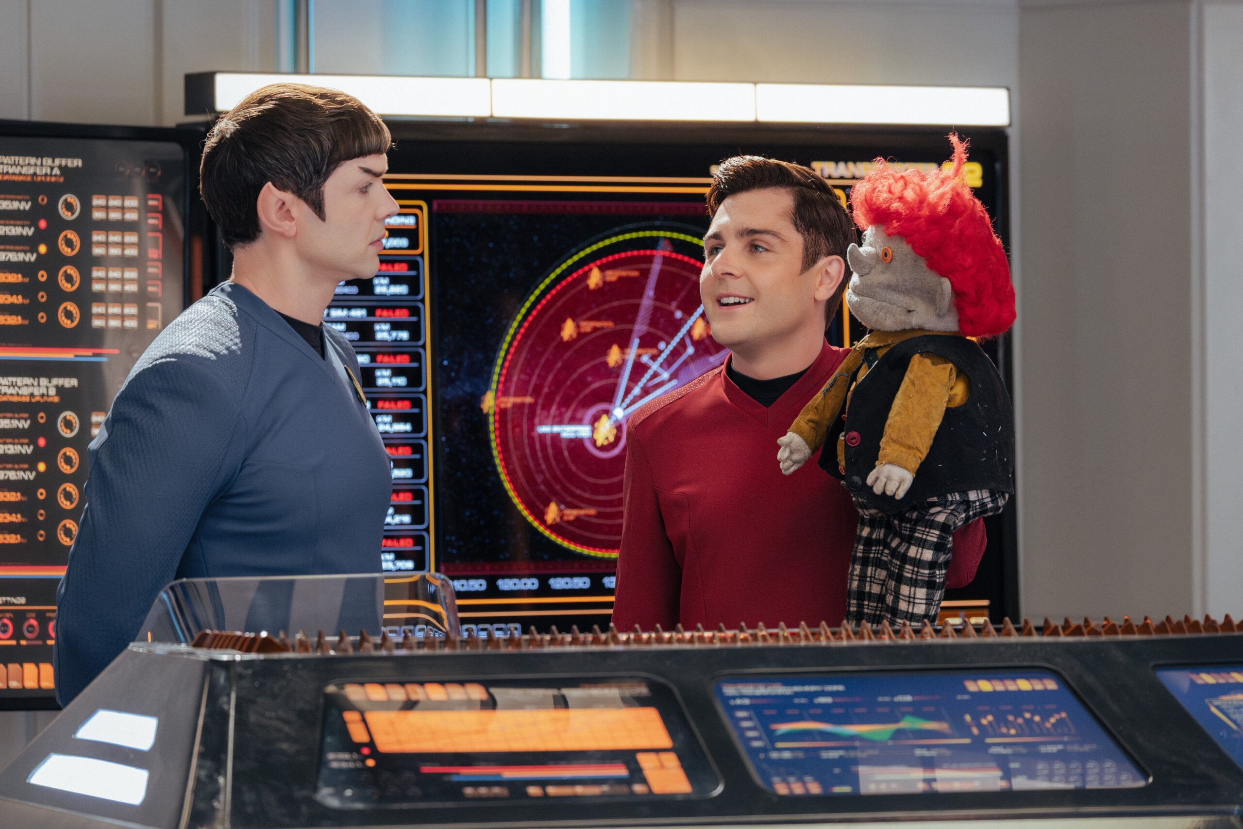 Still from Star Trek: Strange New Worlds Season 4 Episode 5 of Ethan Peck as Spock and Martin Quinn as Scotty pictured from left to right. Star Trek: Strange New Worlds Season 4 Episode 5 Preview: Brought to You by The Letter P Still from Star Trek: Strange New Worlds Season 4 Episode 5 of Ethan Peck as Spock and Martin Quinn as Scotty pictured from left to right.