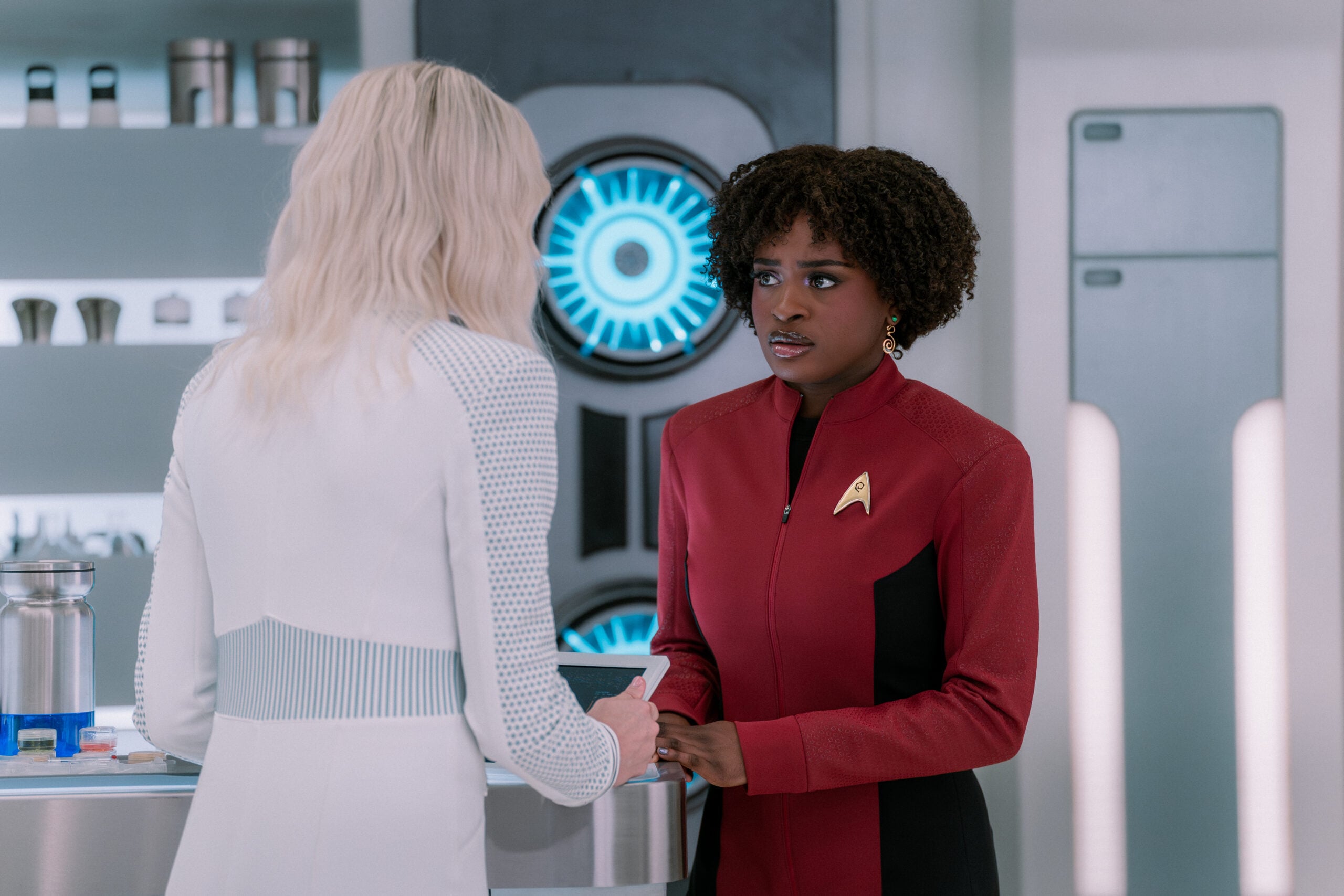 Star Trek: Strange New Worlds Season 4 Episode 7 - Jess Bush as and Celia Rose Gooding | Tell-Tale TV Still from Star Trek: Strange New Worlds Season 4 Episode 7 of Jess Bush as Christine Chapel and Celia Rose Gooding as Uhura pictured from left to right. Star Trek: Strange New Worlds Season 4 Episode 7 Preview: General Enterprise Still from Star Trek: Strange New Worlds Season 4 Episode 7 of Jess Bush as Christine Chapel and Celia Rose Gooding as Uhura pictured from left to right.