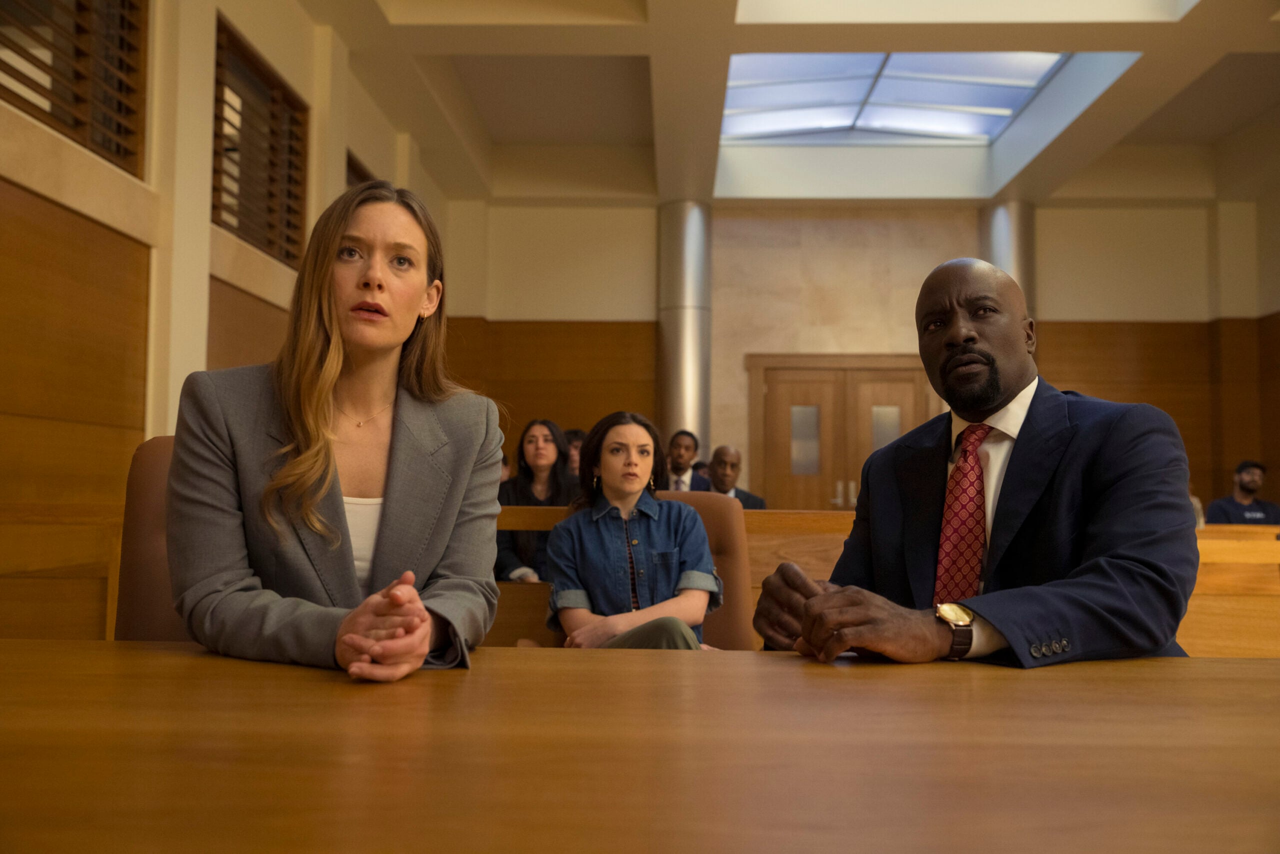 Cupertino Season 1 Episode 1 - Rachel Keller, Ella Stiller, and Mike Colter | Tell-Tale TV Still from Cupertino Season 1 Episode 1 of Rachel Keller as Olivia Siffre, Ella Stiller as Christy Palladino, and Mike Colter as Michael Price pictured from left to right. Cupertino Season 1 Episode 1 Preview: The Kings Go West Still from Cupertino Season 1 Episode 1 of Rachel Keller as Olivia Siffre, Ella Stiller as Christy Palladino, and Mike Colter as Michael Price pictured from left to right.
