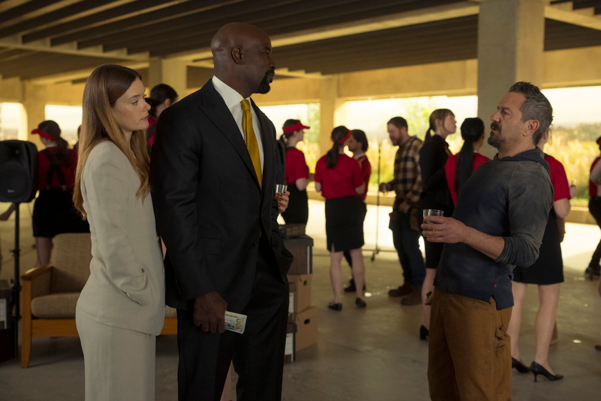 Cupertino Season 1 Episode 1 - Rachel Keller, Mike Colter, and Max Casella | Tell-Tale TV Still from Cupertino Season 1 Episode 1 - Rachel Keller as Olivia Siffre, Mike Colter as Michael Price and Max Casella as Uncle Chuck pictured from left to right. Cupertino Season 1 Episode 1 Preview: The Kings Go West Still from Cupertino Season 1 Episode 1 - Rachel Keller as Olivia Siffre, Mike Colter as Michael Price and Max Casella as Uncle Chuck pictured from left to right.