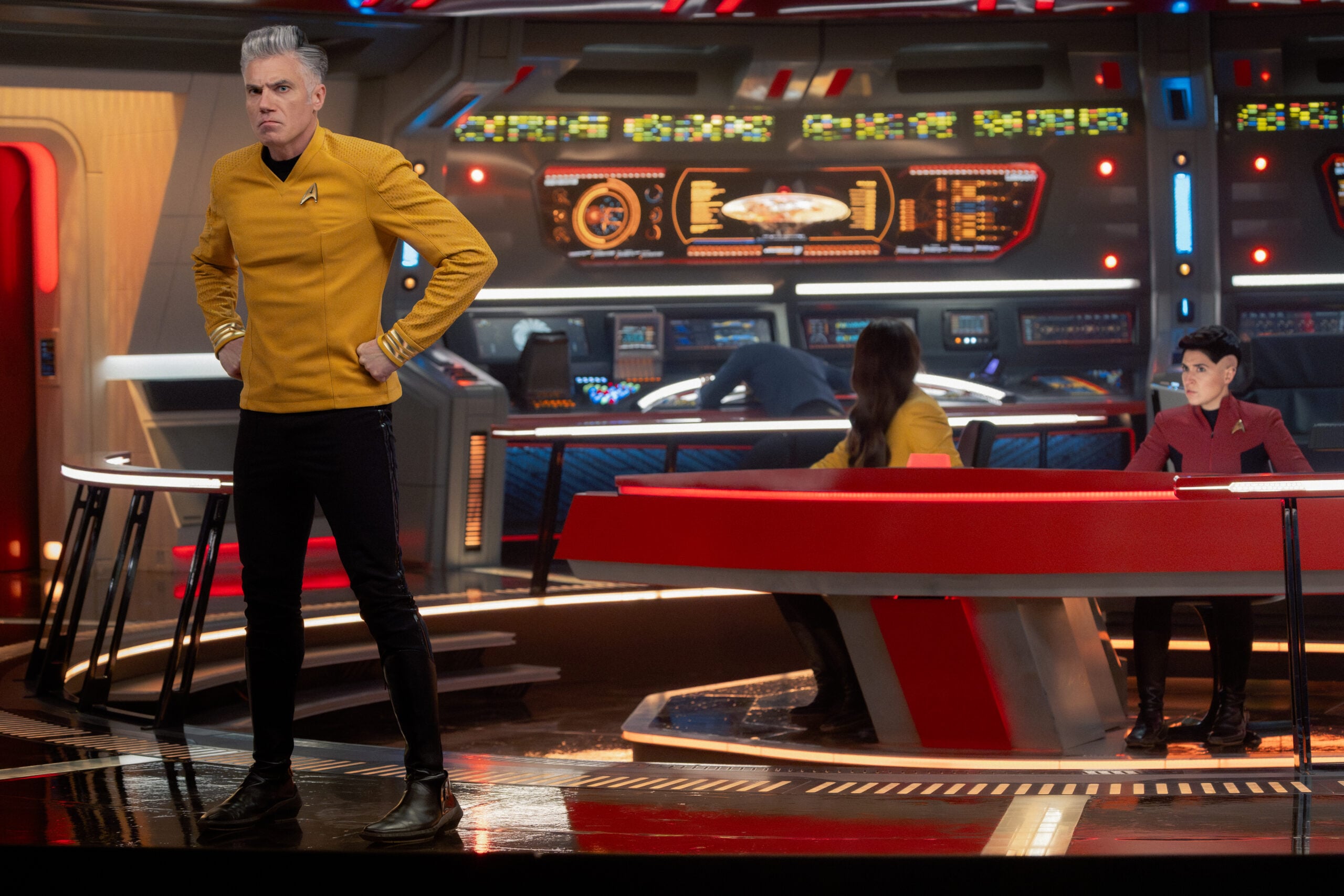 Still from Star Trek: Strange New Worlds Season 4 Episode 9 of Anson Mount as Captain Pike, Ethan Peck as Spock, Rebecca Romijn as Una, and Melissa Navia as Erica Ortegas pictured from left to right. Star Trek: Strange New Worlds Season 4 Episode 9 Preview: A World of Pure Imagination Still from Star Trek: Strange New Worlds Season 4 Episode 9 of Anson Mount as Captain Pike, Ethan Peck as Spock, Rebecca Romijn as Una, and Melissa Navia as Erica Ortegas pictured from left to right.